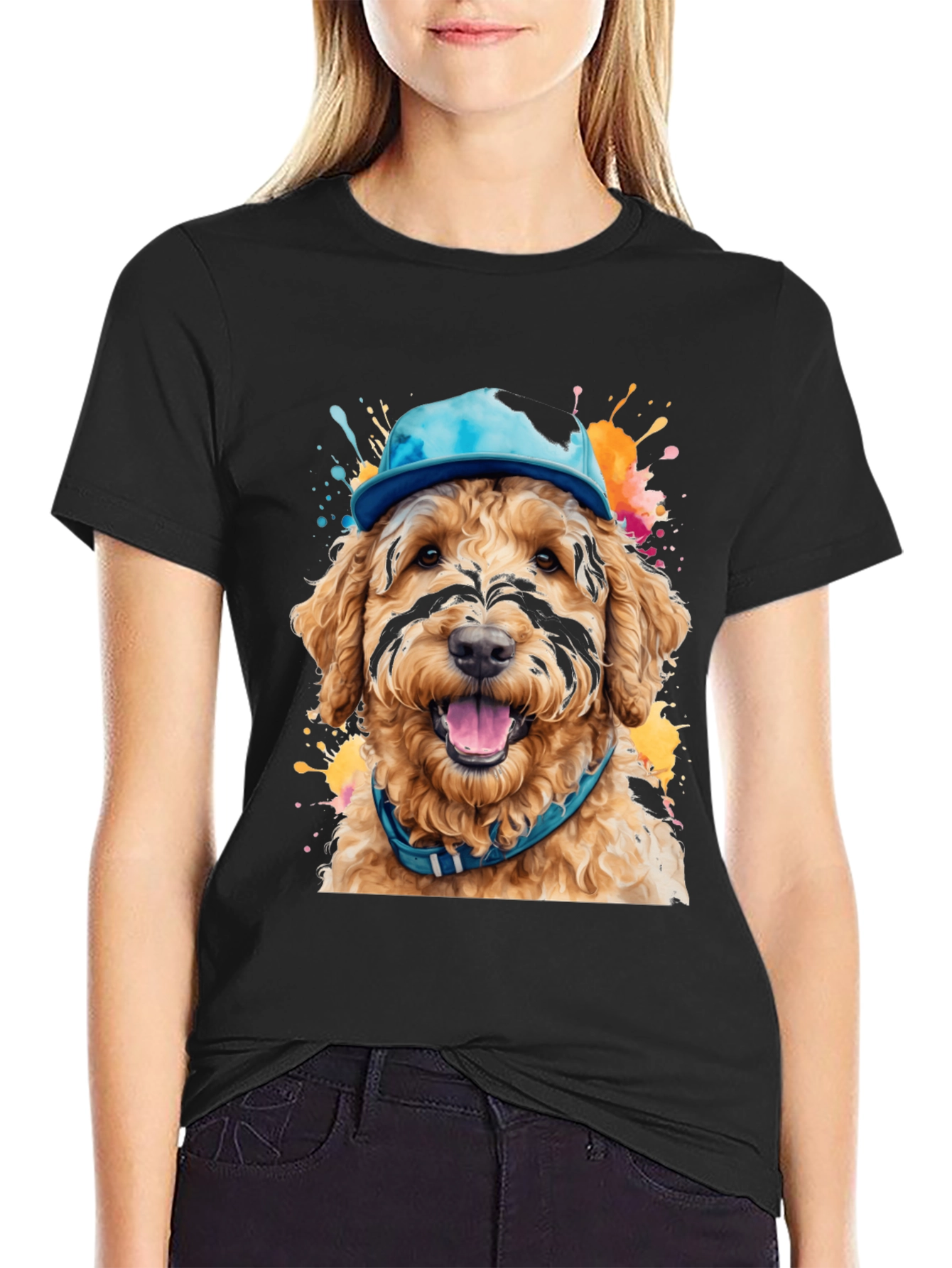 Black Dog in Hat T-Shirt - Unique Artistic Design view 2