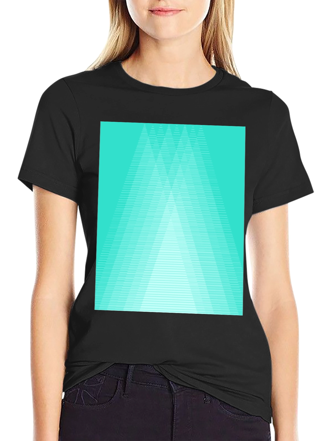 Black Retro Geometric Tee - Aqua Triangle Design view 2