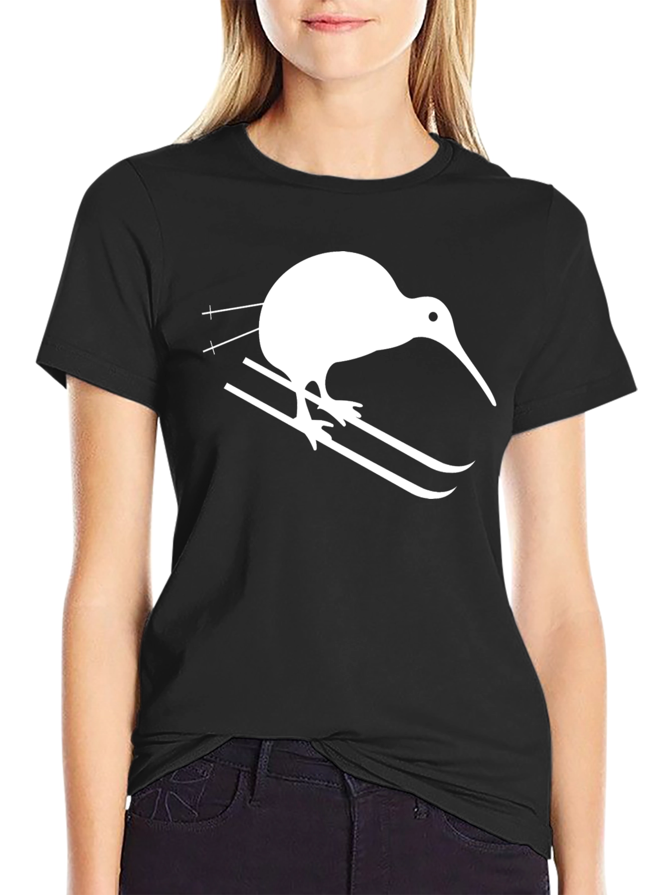 Black Kiwi Bird Skiing T-Shirt - Graphic Tee view 2