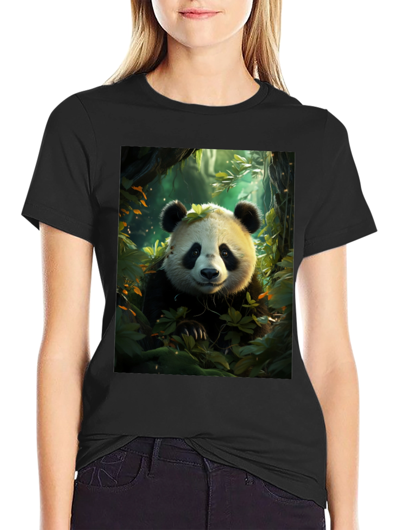Black Panda in Forest Black T-Shirt view 2