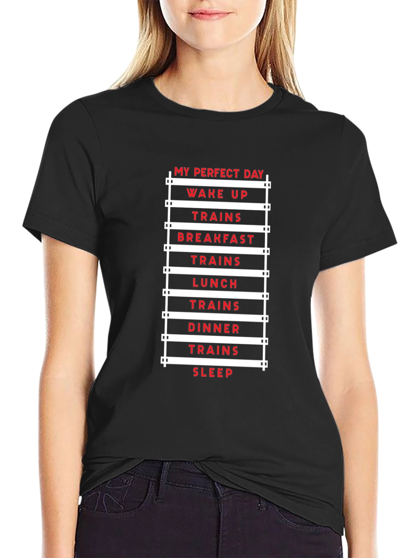 Black My Perfect Day Trains T-Shirt view 2
