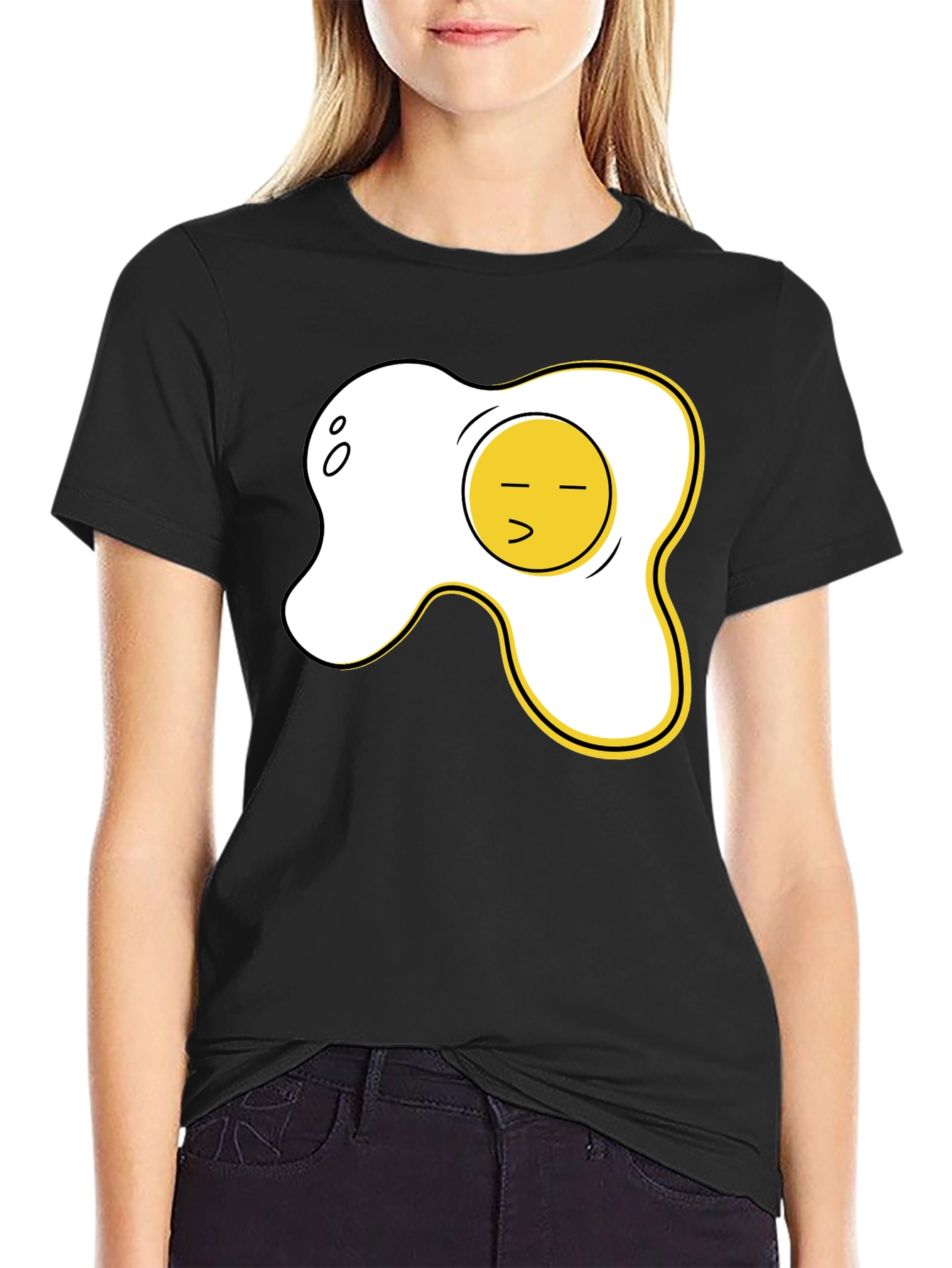 Black Funny Fried Egg Graphic Tee - Casual Black T-Shirt view 2