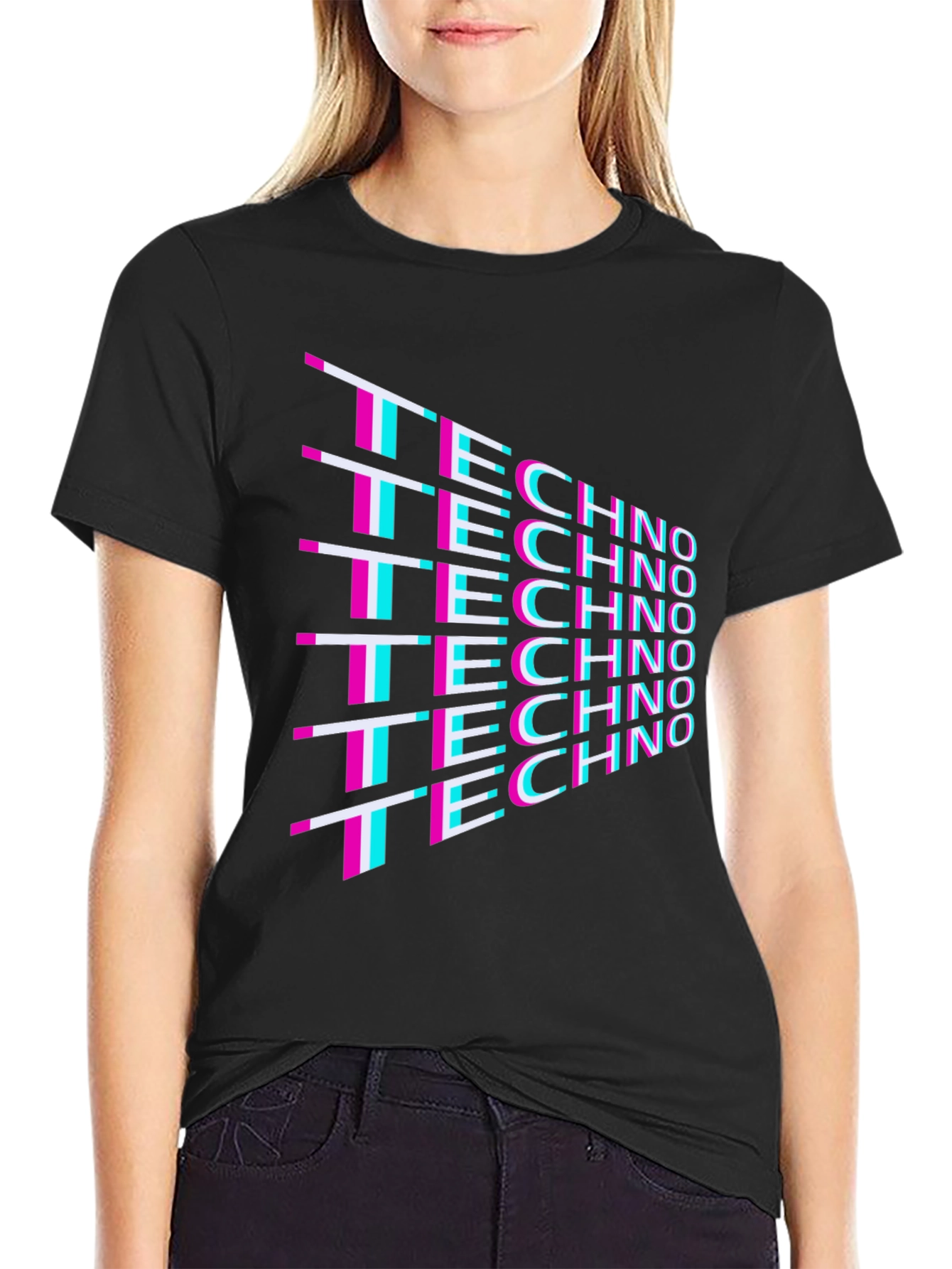 Black Techno Glitch T-Shirt - Retro 80s Rave Party Tee view 2
