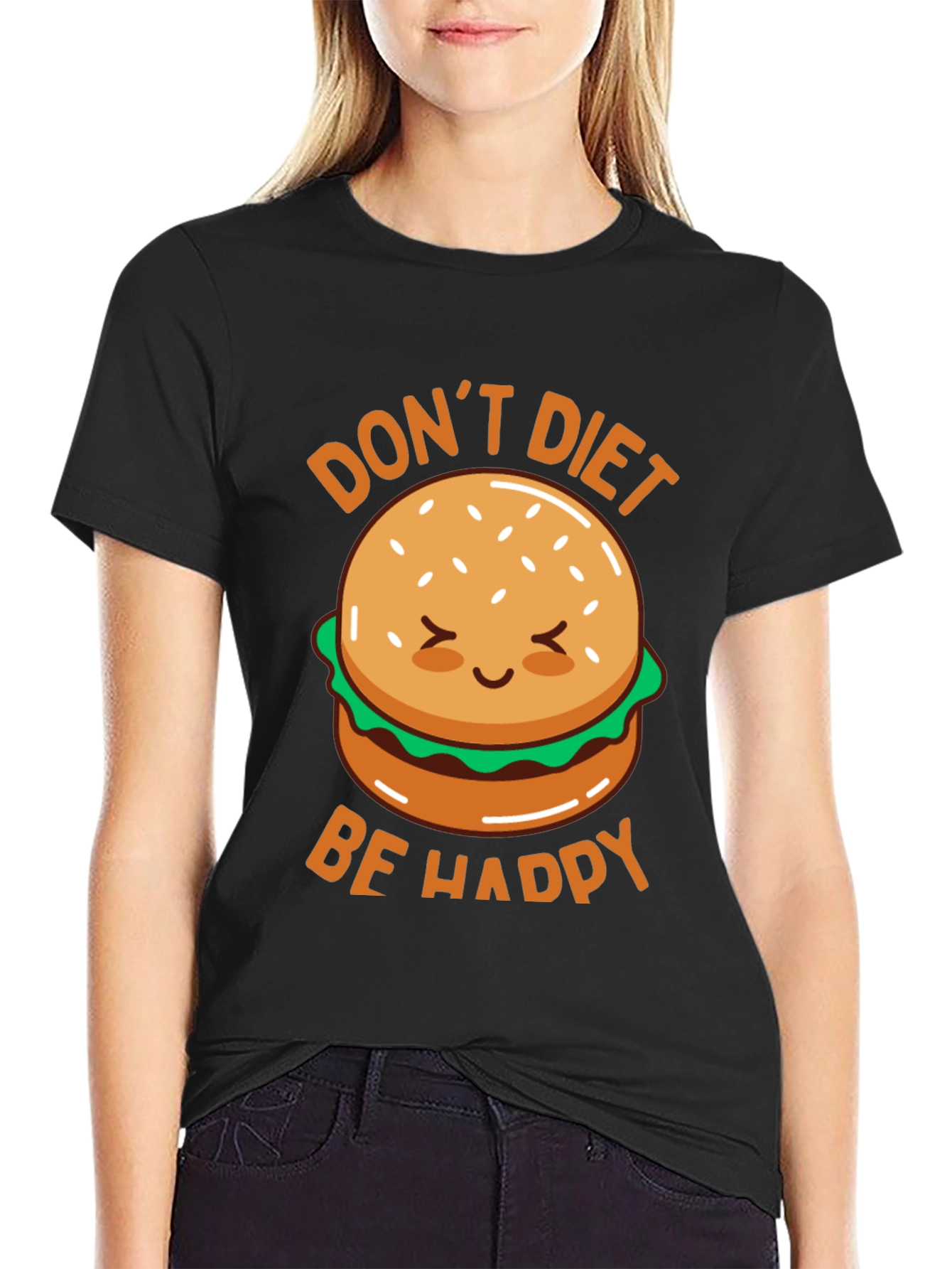 Black Don't Diet Be Happy T-Shirt - Cute Burger Graphic Tee view 2