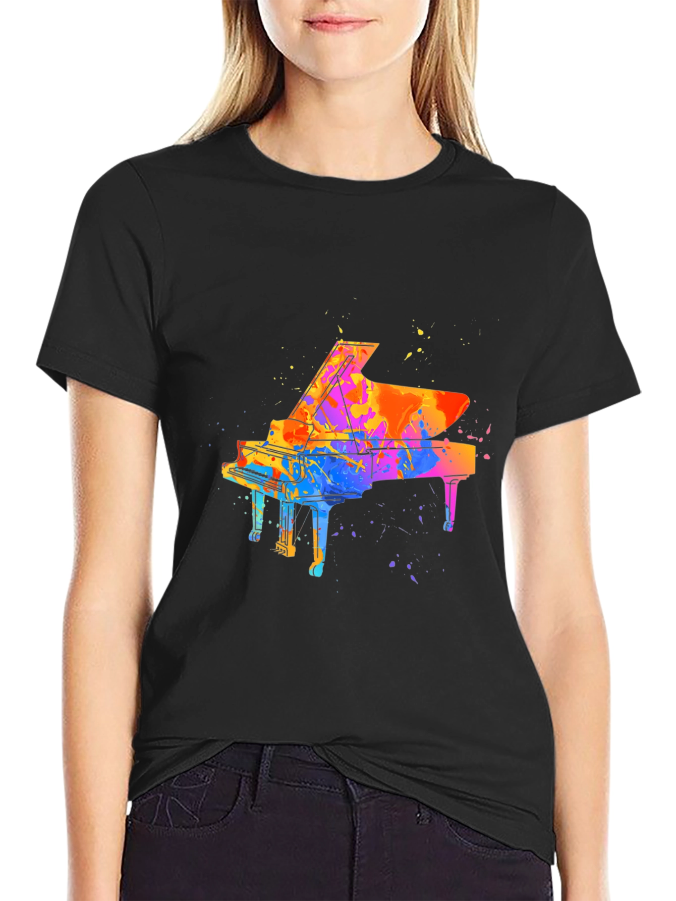 Black Watercolor Piano Graphic Men's Black T-Shirt view 2