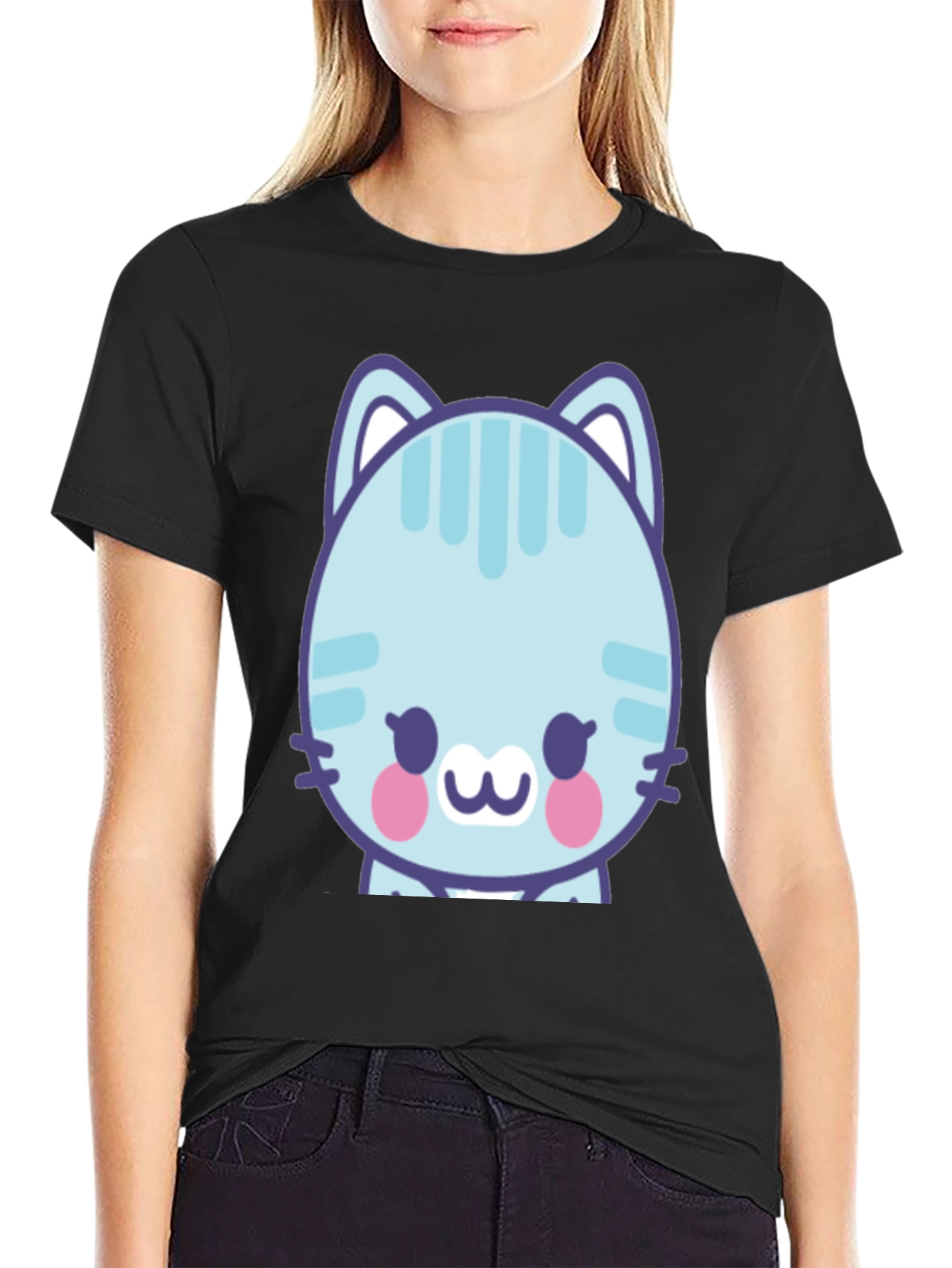 Black Cute Cartoon Cat Graphic T-Shirt - Black view 2
