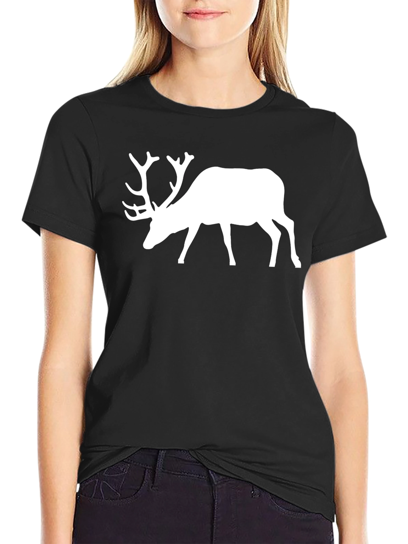 Black Men's Black T-Shirt with White Deer Graphic view 2