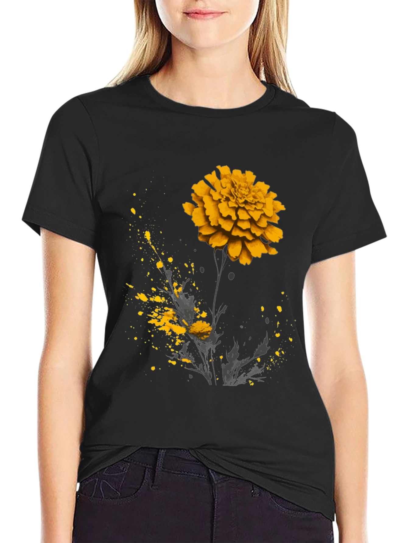 Black Floral Graphic Tee - Black T-Shirt with Flower Design view 2
