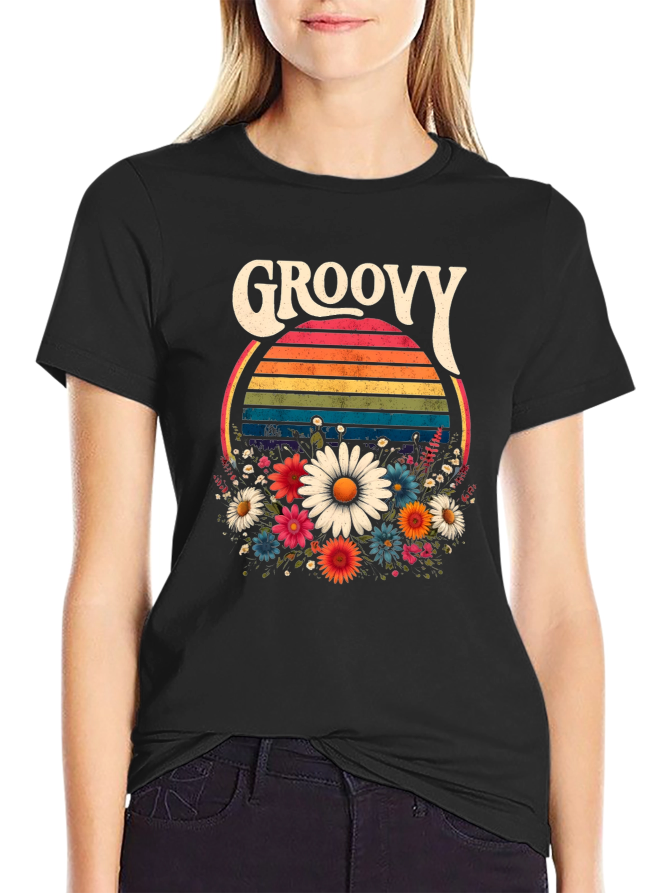 Black Groovy Floral T-Shirt - Retro Style view 2