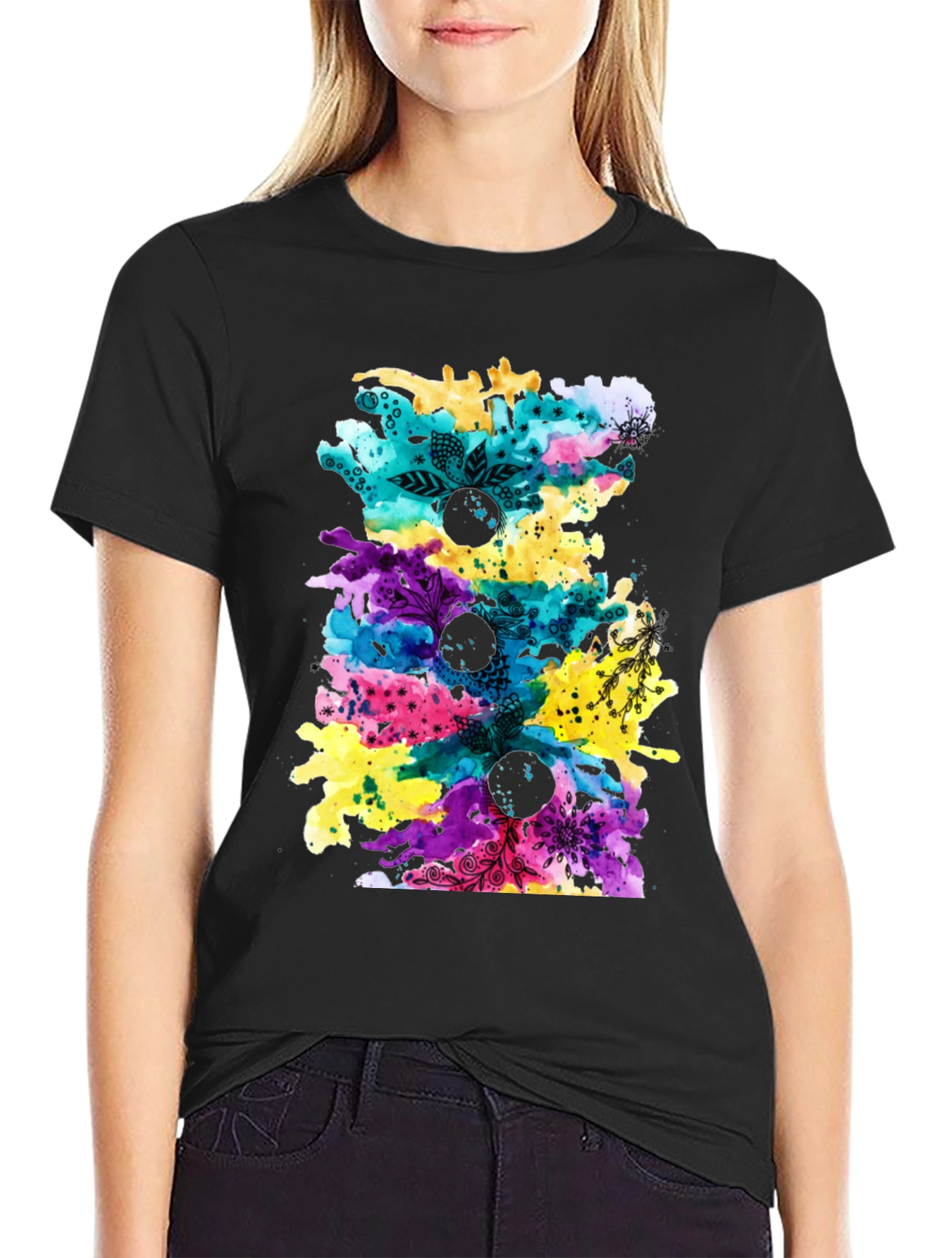 Black Abstract Watercolor Print Black T-Shirt view 2