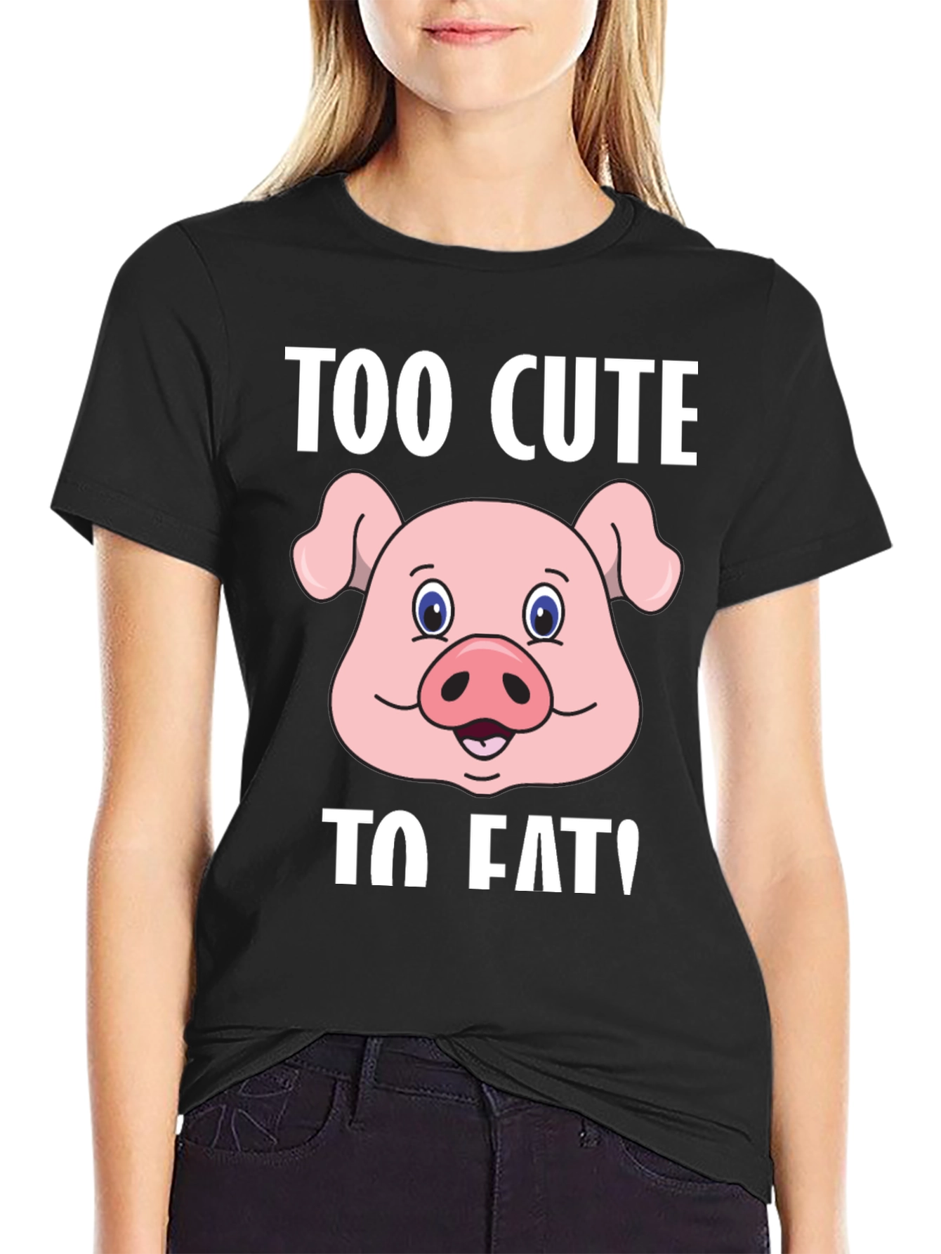 Black Cute Pig Graphic T-Shirt - "Too Cute To Eat!" view 2