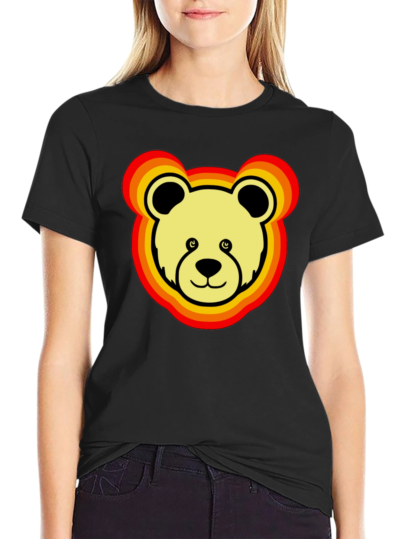 Black Retro Bear Graphic Tee - Black Cotton Blend view 2