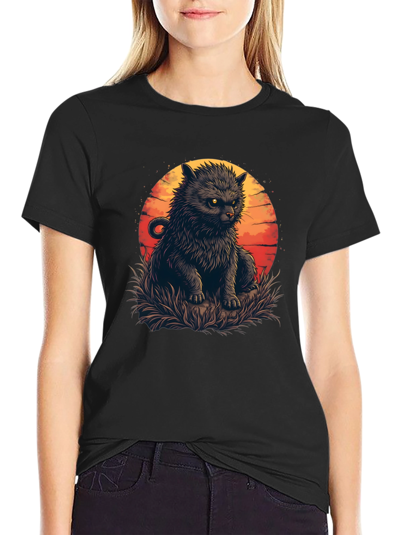 Black Black Cat Sunset Graphic Tee view 2