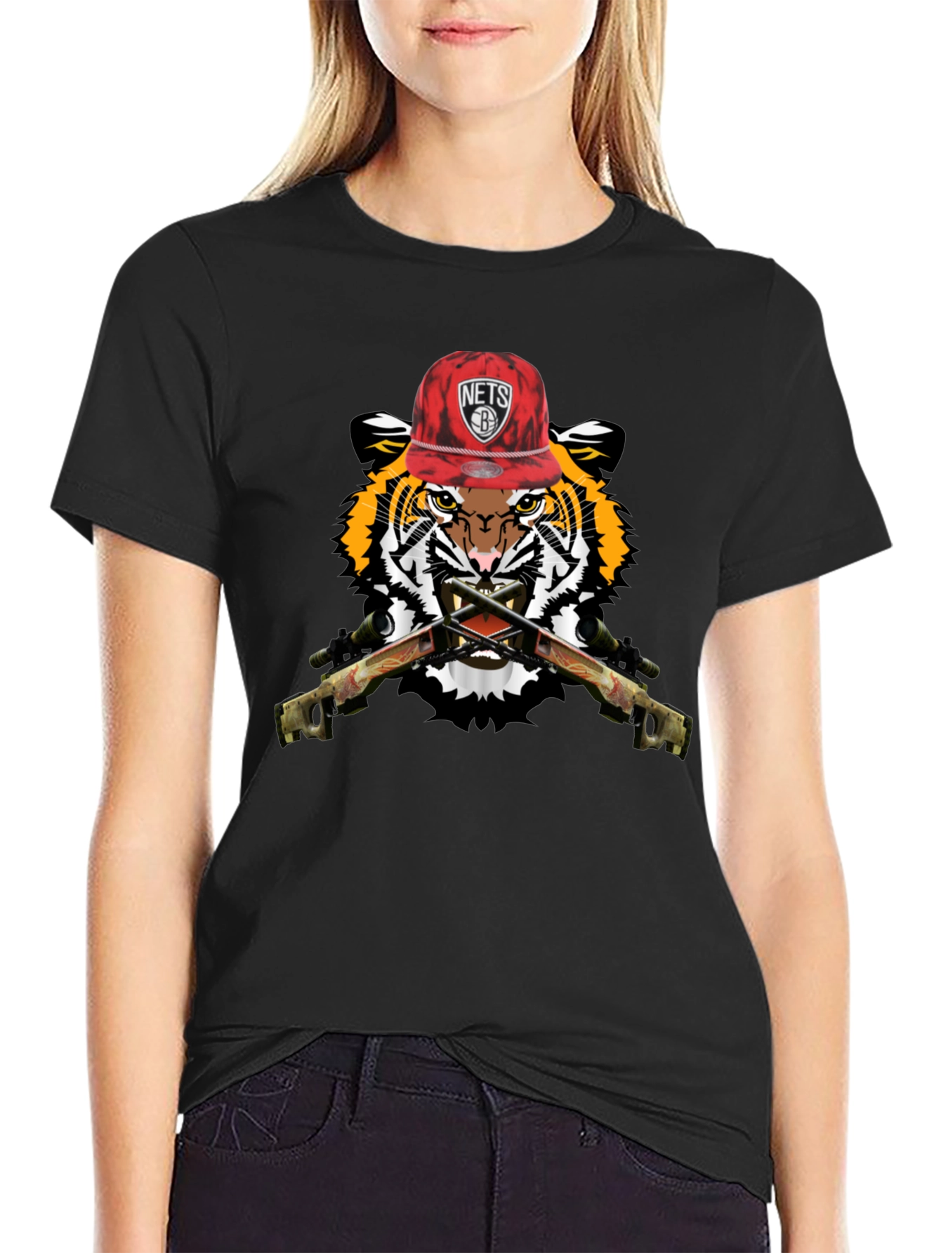 Black Tiger with Nets Hat Graphic Print T-Shirt view 2