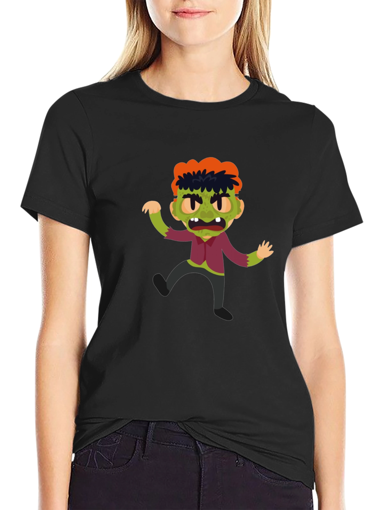Black Zombie Cartoon Graphic T-Shirt view 2