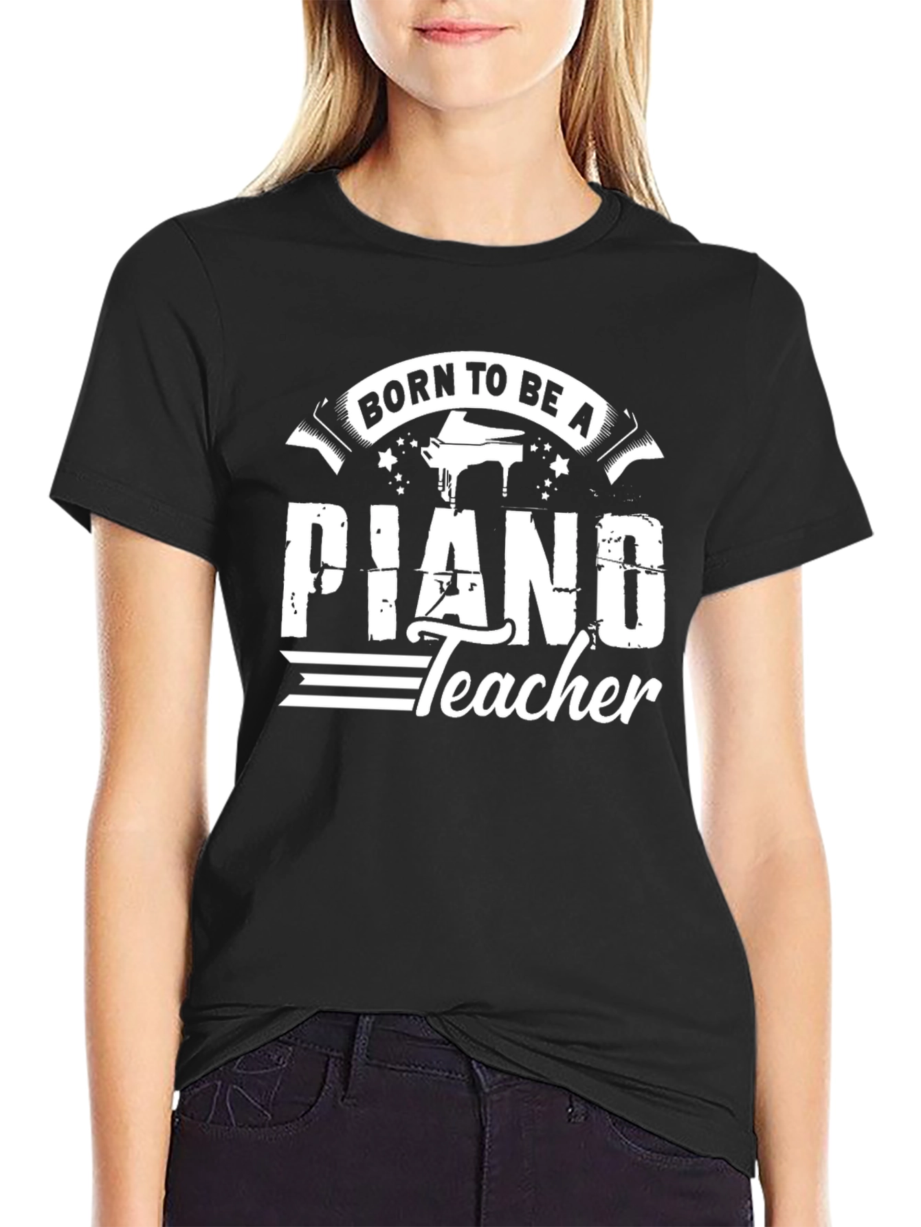 Black Born To Be A Piano Teacher Black T-Shirt view 2
