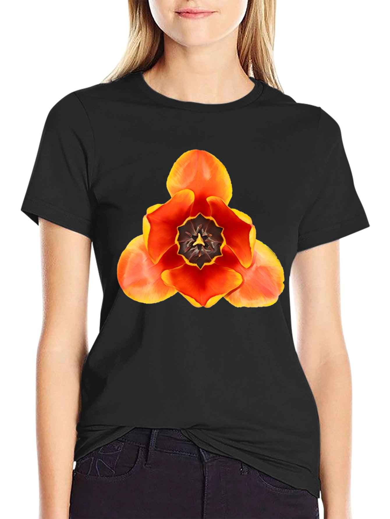 Black Floral Graphic T-Shirt - Bold Tulip Design view 2