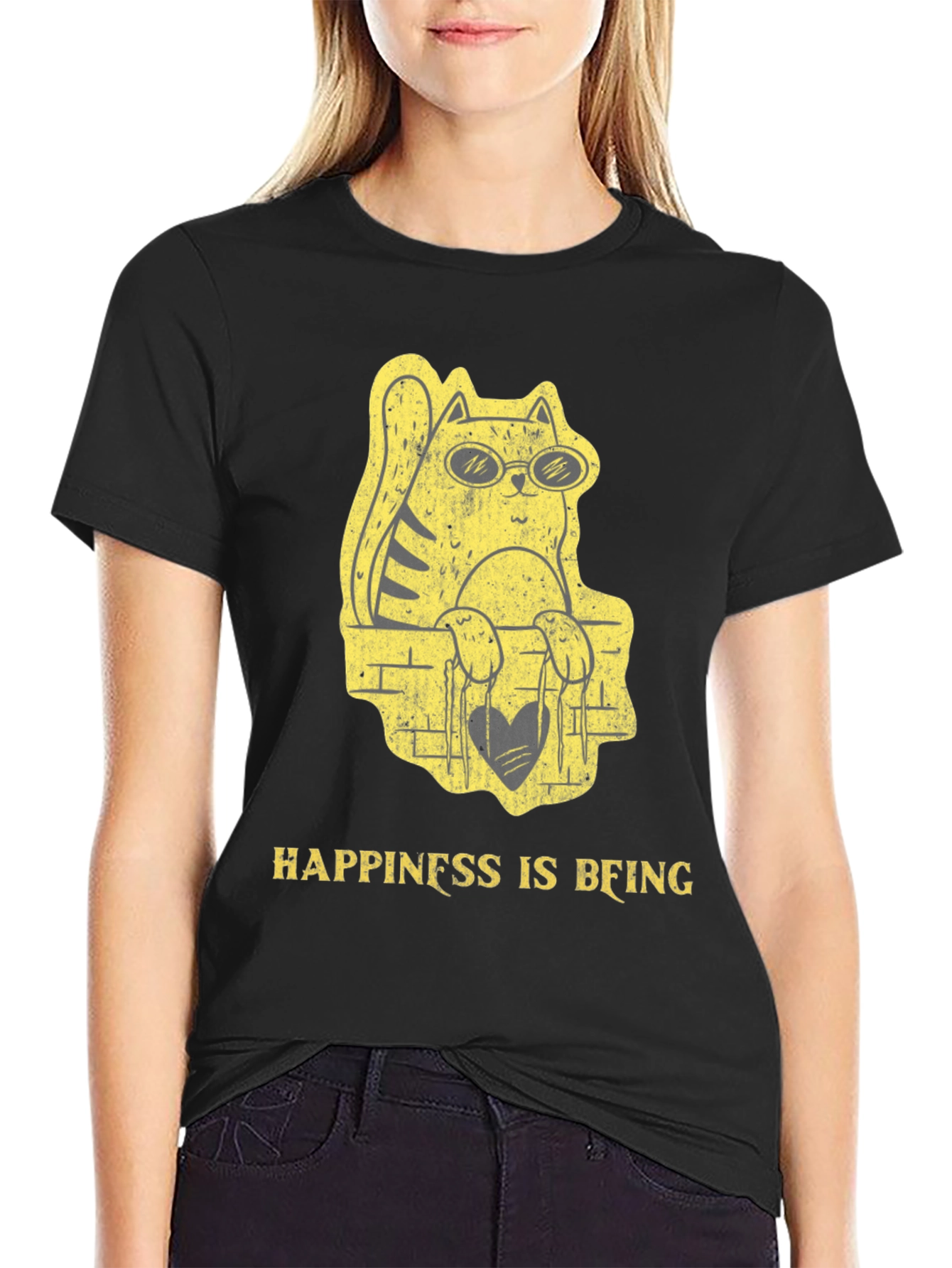 Black Cool Cat Graphic Tee - Happiness Is Being view 2