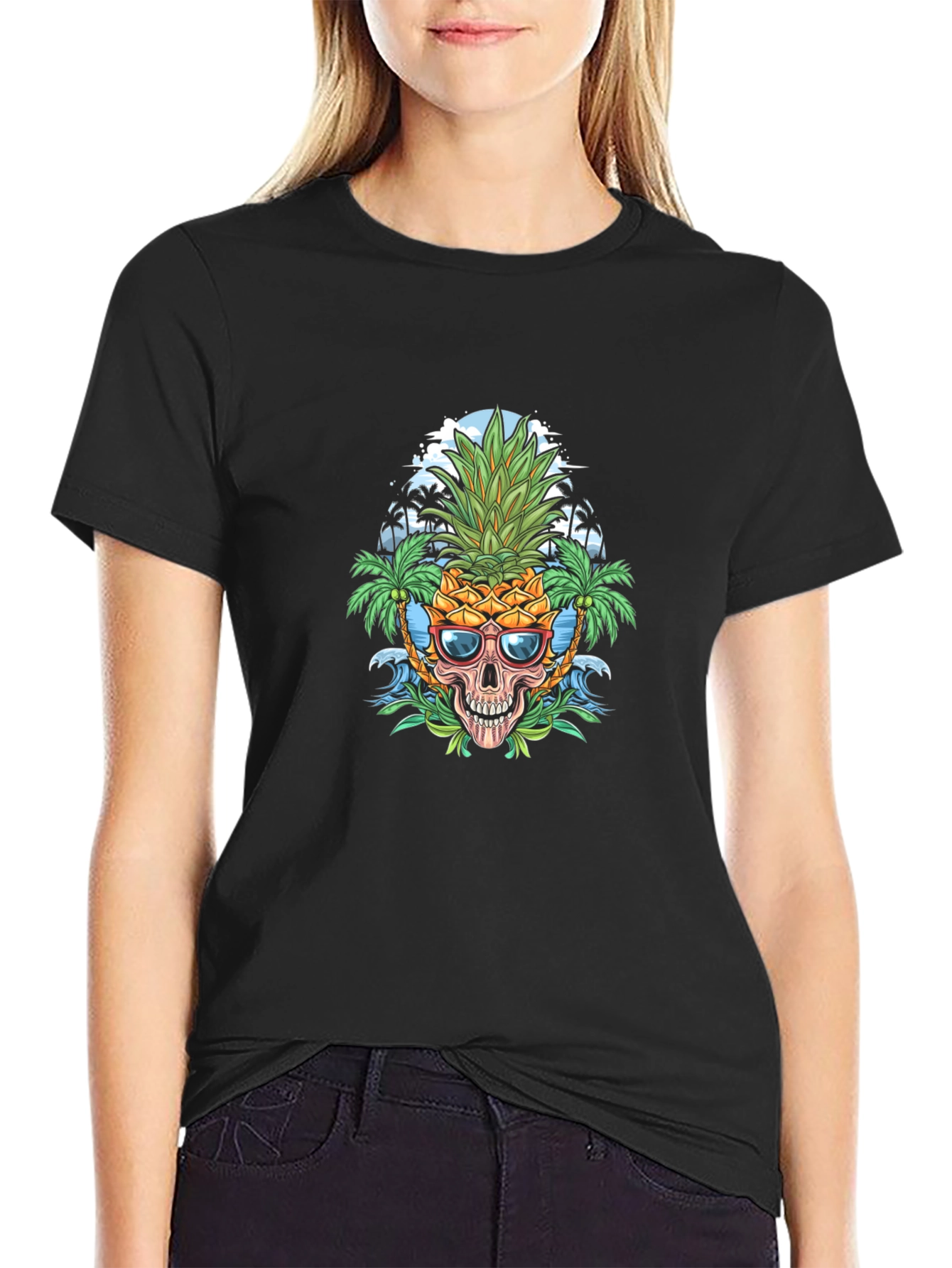 Black Pineapple Skull Graphic Tee - Tropical Vibes view 2