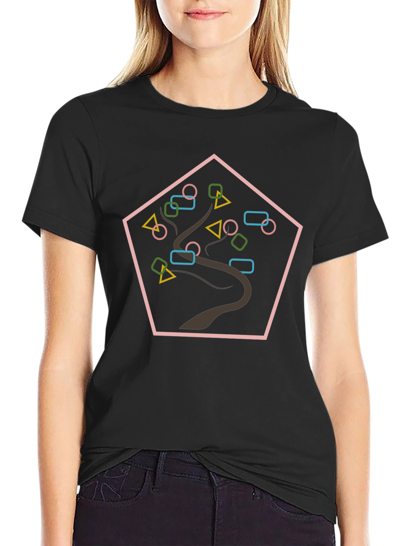 Black Geometric Tree Graphic Tee - Black view 2