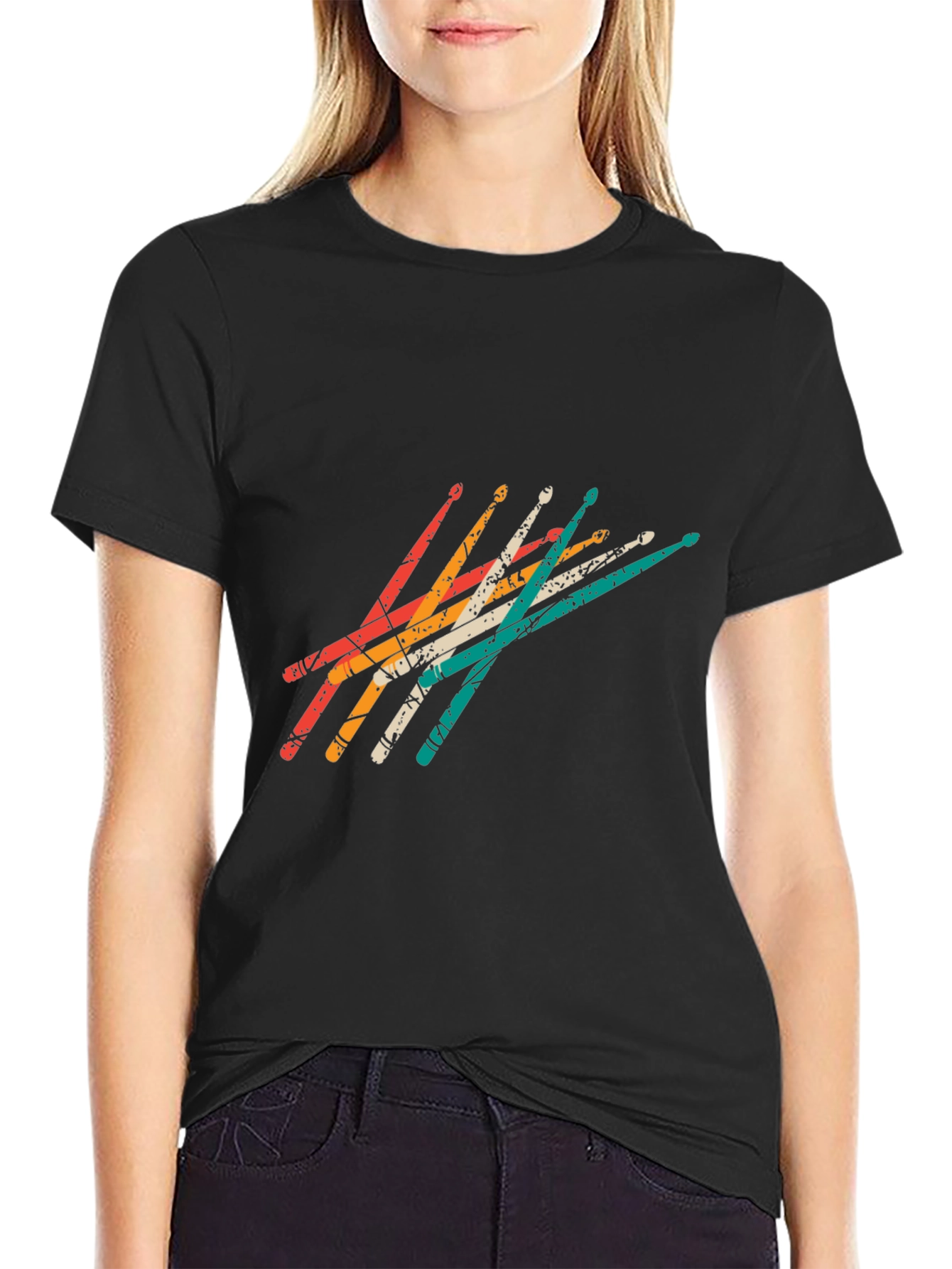 Black Retro Drumsticks Graphic Tee - Black Casual T-Shirt view 2