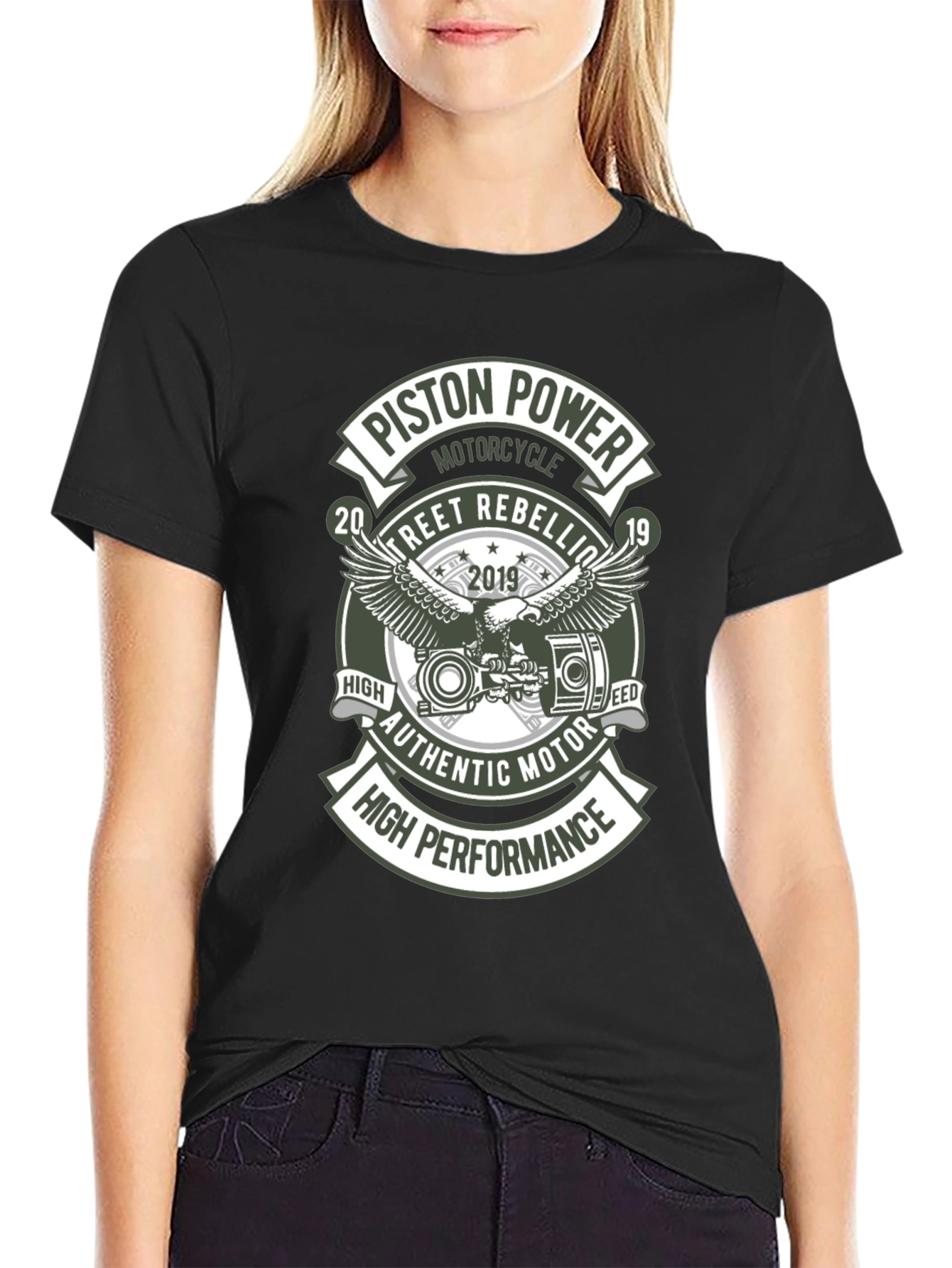 Black Piston Power Motorcycle T-Shirt - Street Rebellion view 2