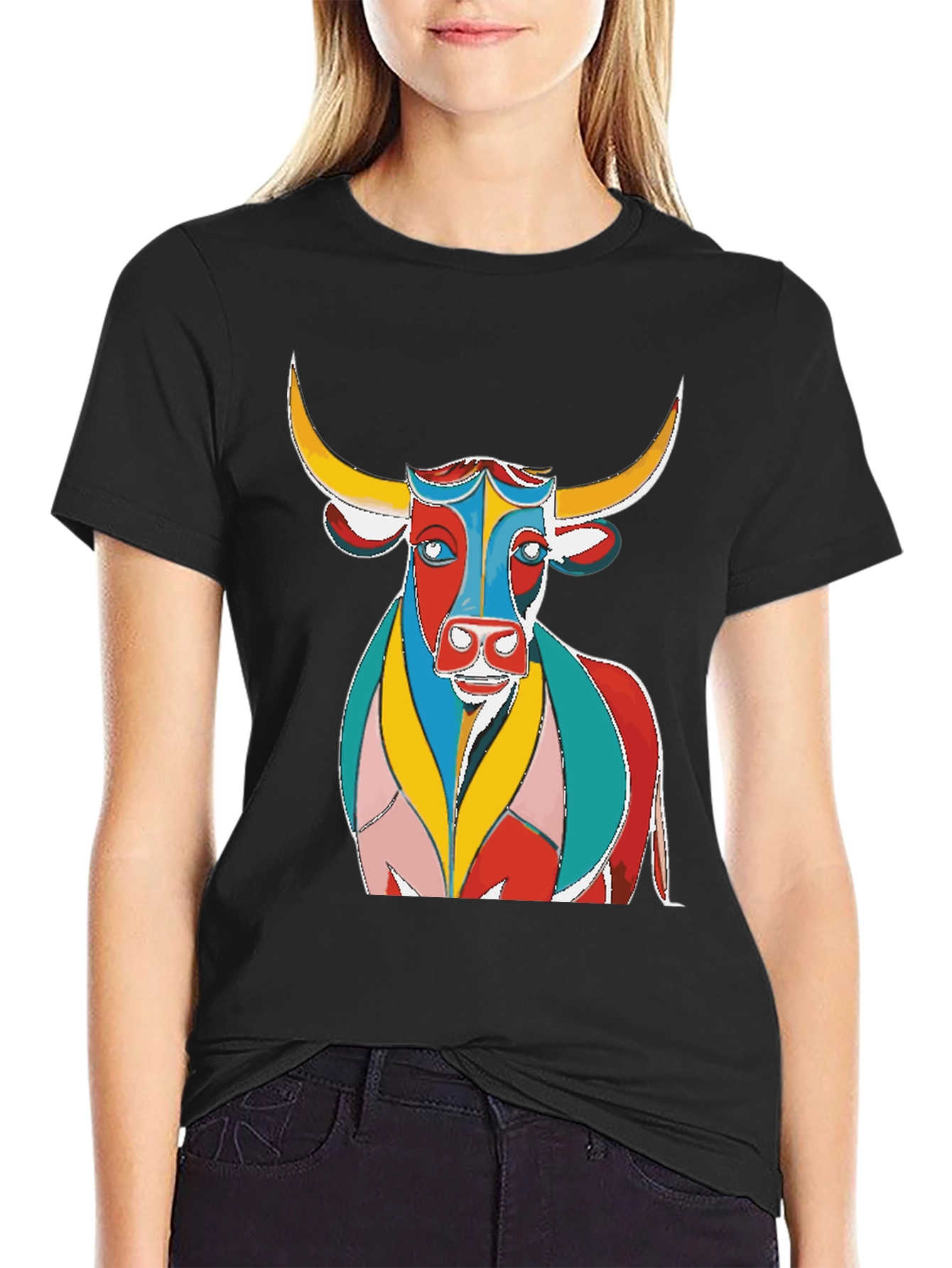 Black Colorful Bull Graphic Print Black T-Shirt view 2