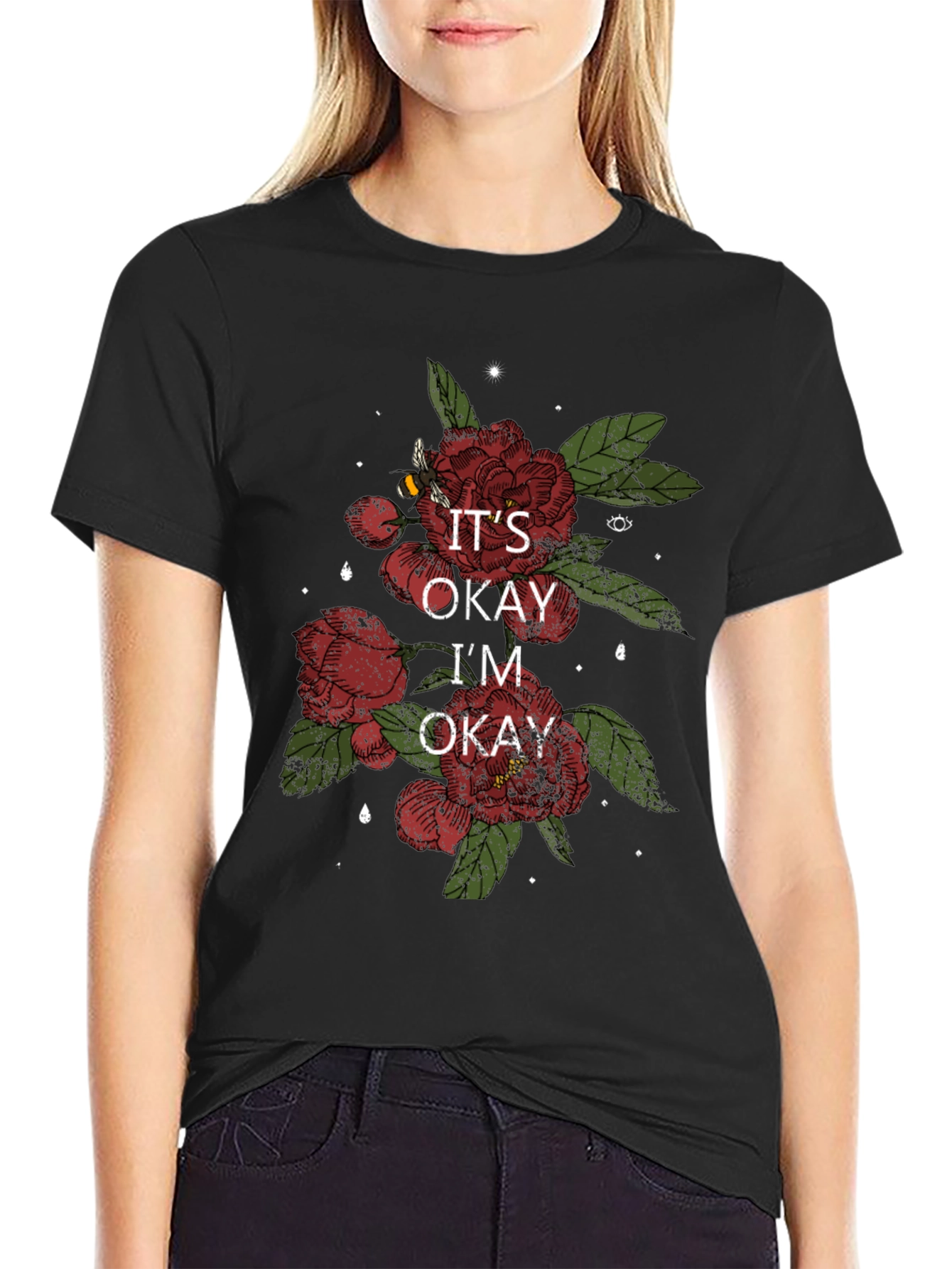 Black It's Okay I'm Okay Floral T-Shirt view 2