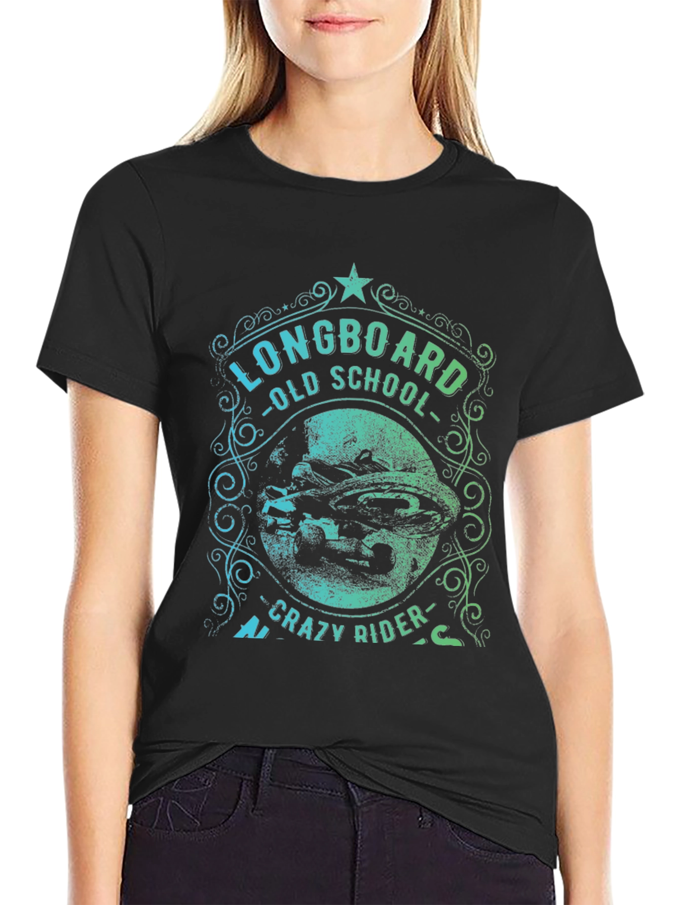 Black Longboard Old School Crazy Rider Graphic T-Shirt view 2