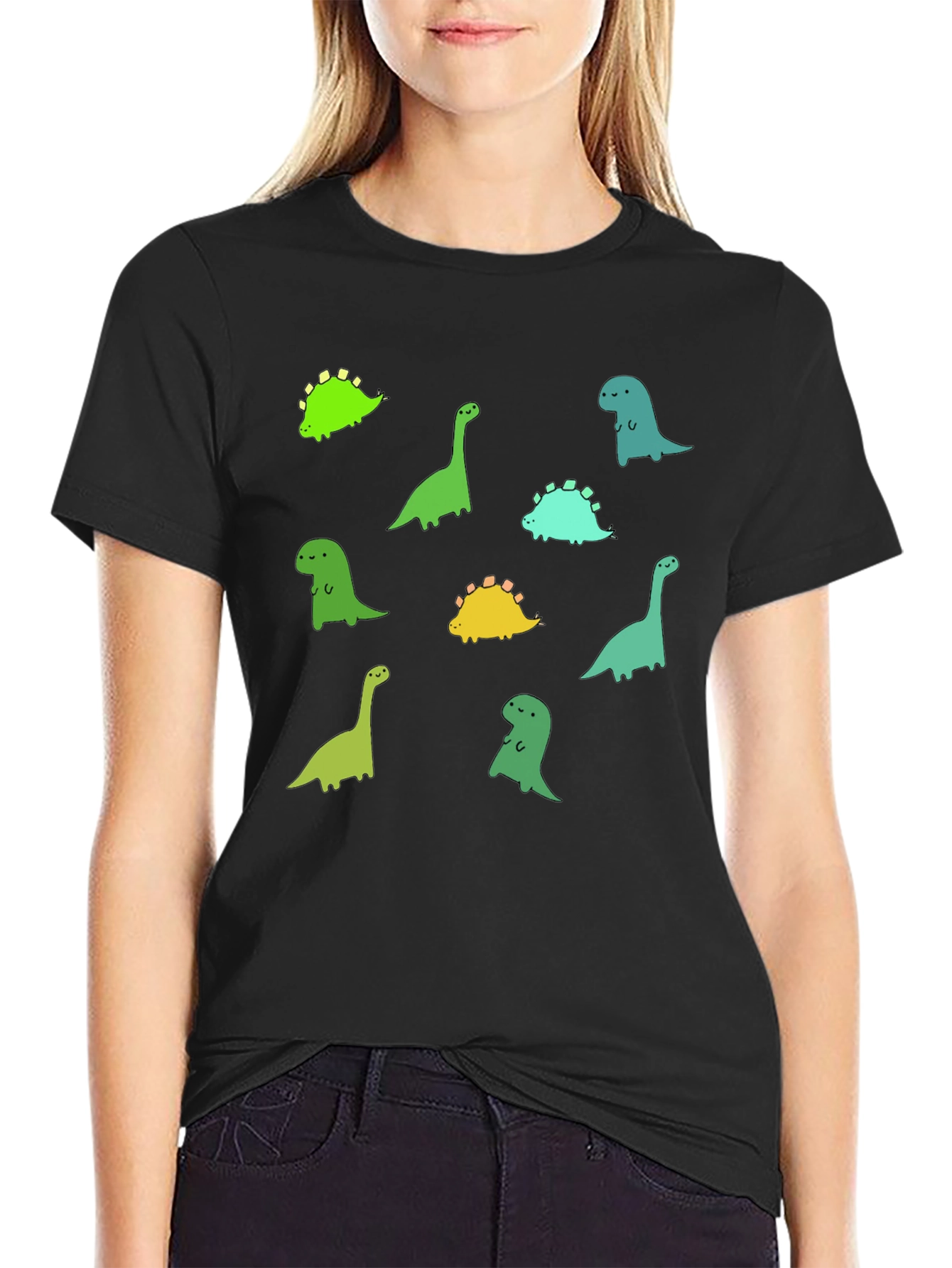 Black Cute Dinosaur Print Black T-Shirt view 2