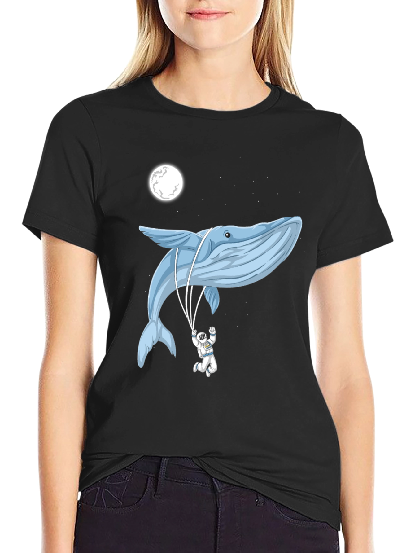 Black Whimsical Whale & Astronaut Graphic Tee view 2