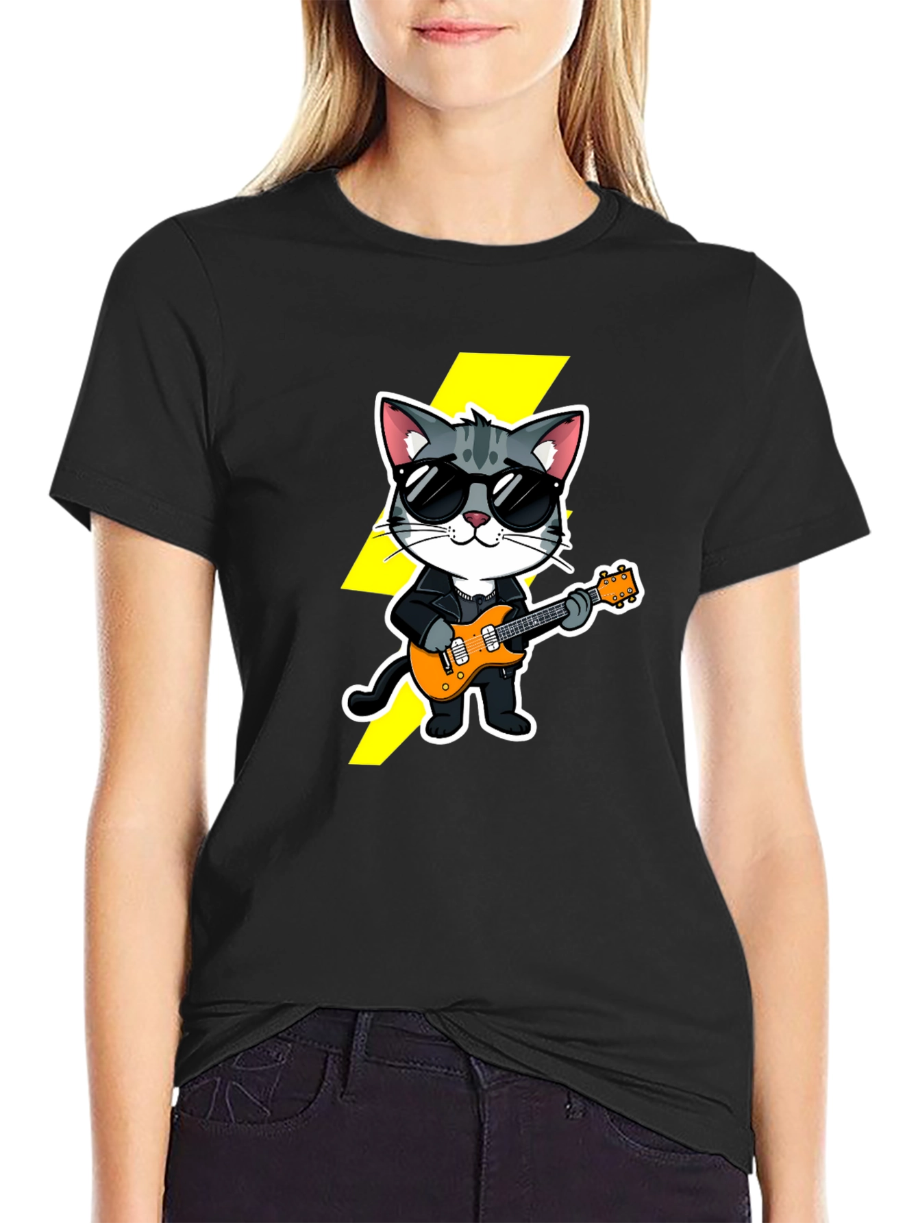 Black Cool Cat Guitarist Black T-Shirt view 2