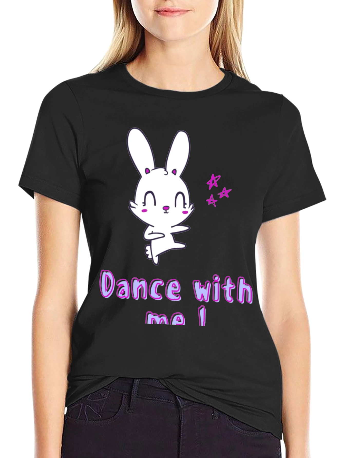 Black Cute Cartoon Bunny Dance With Me T-Shirt view 2