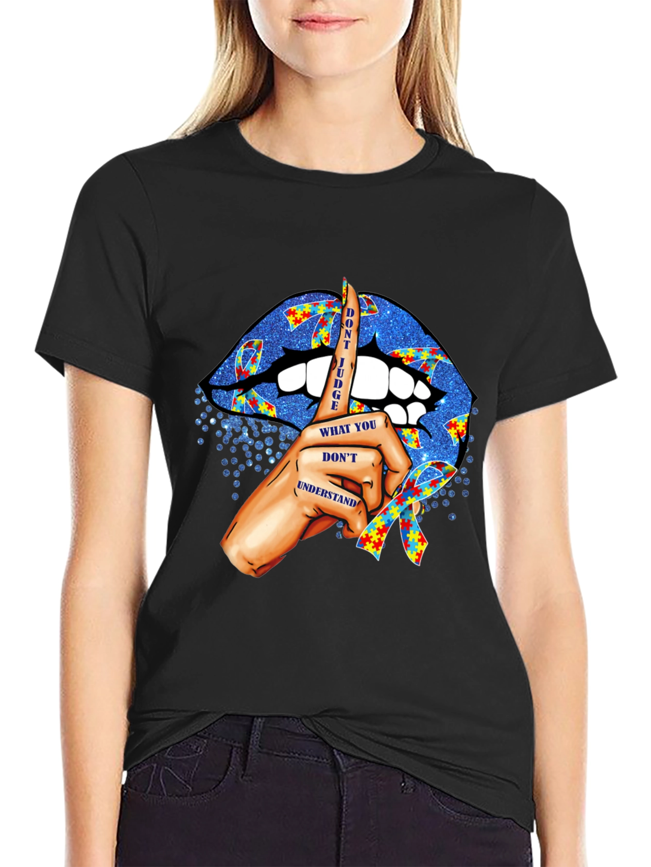 Black Autism Awareness Lips T-Shirt - Don't Judge view 2