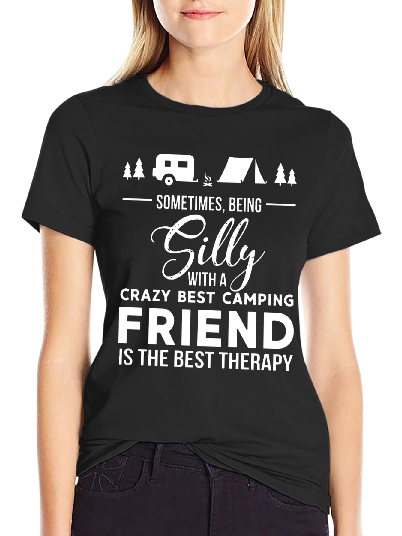 Black Silly Crazy Camping Friend Therapy T-Shirt view 2