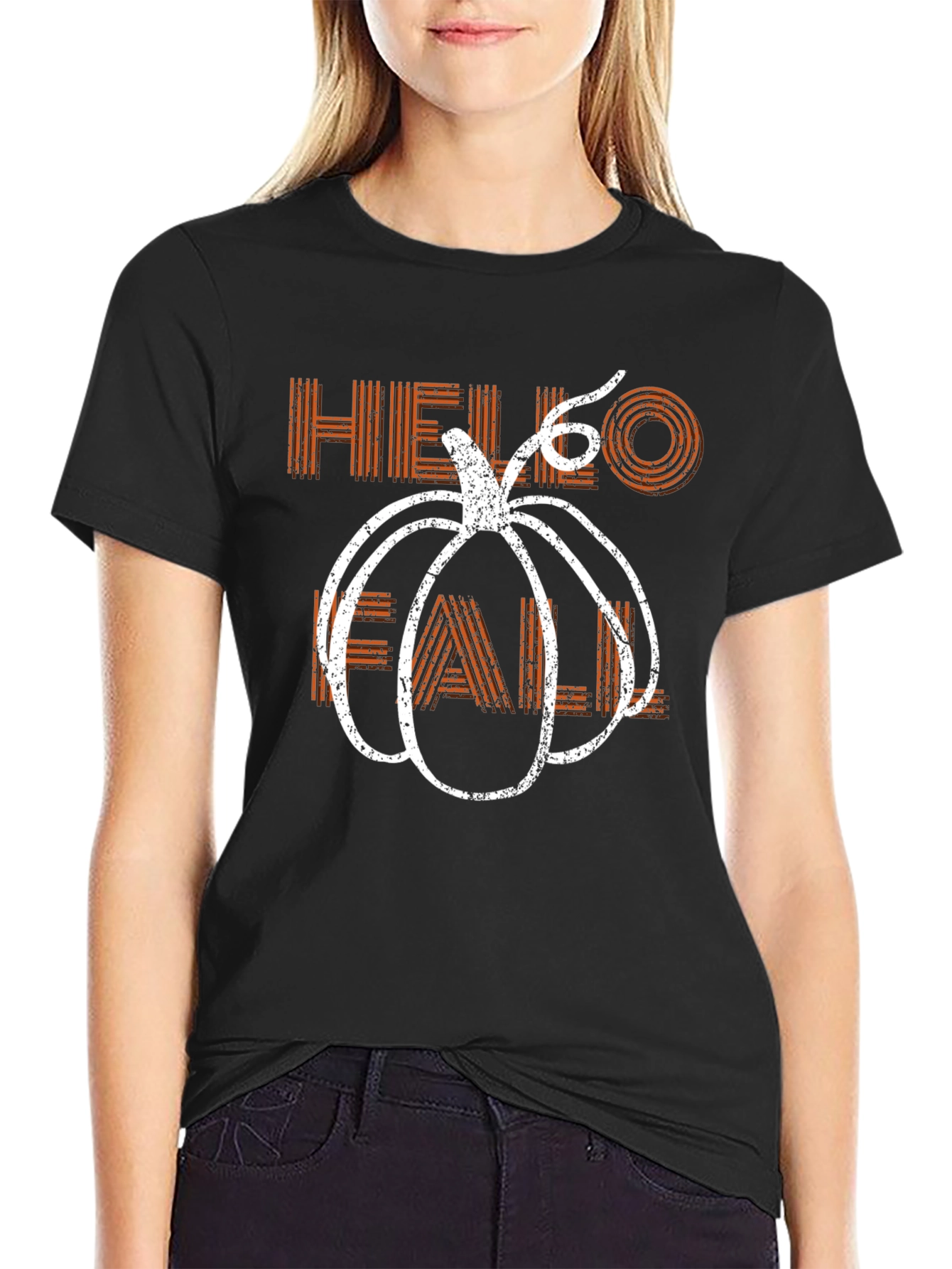 Black Hello Fall Pumpkin Graphic Tee - Trendy Autumn Apparel view 2
