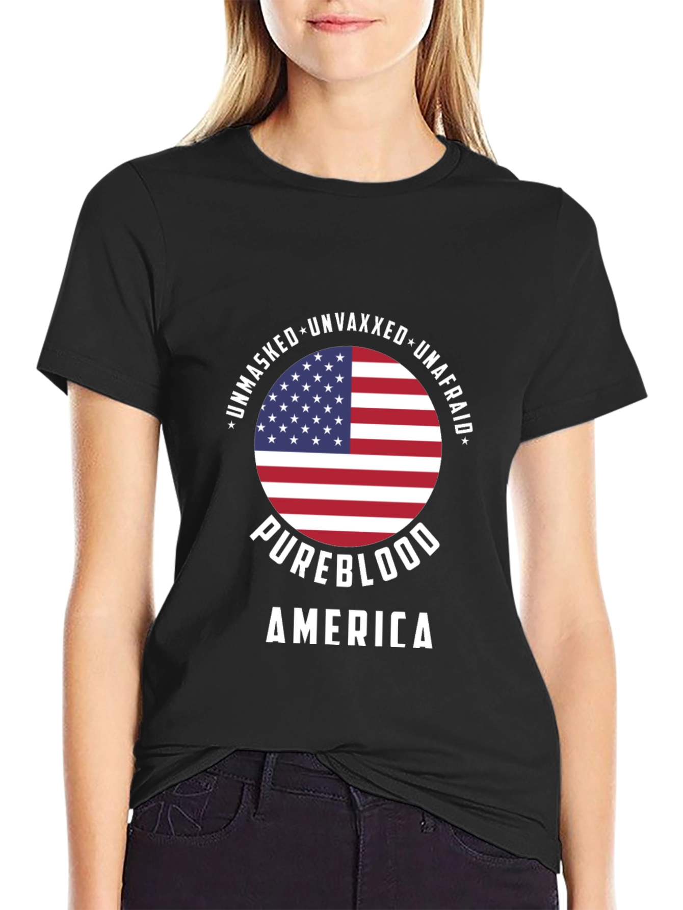 Black Unmasked Unvaxxed Pureblood America T-Shirt view 2