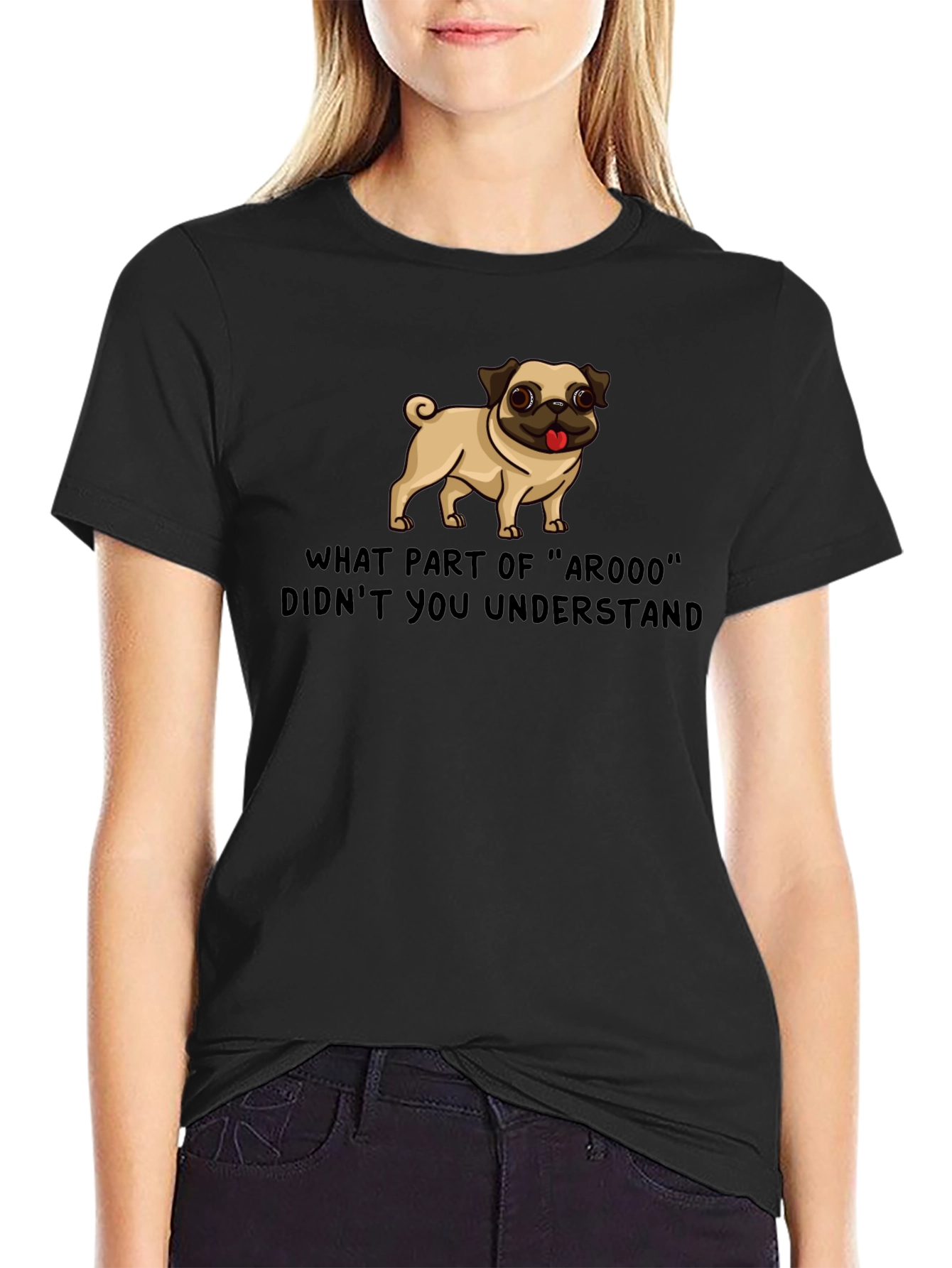 Black Funny Pug ArOOO T-Shirt - Dog Lover Tee view 2