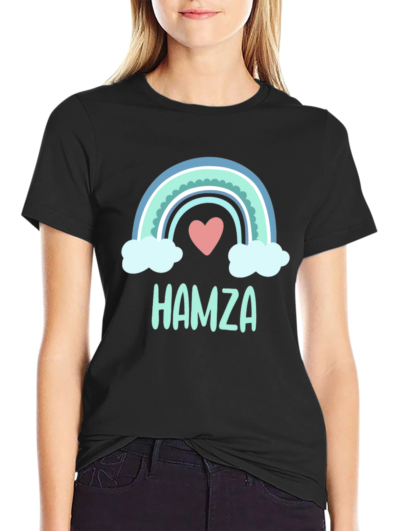 Black Personalized Hamza Rainbow Heart T-Shirt view 2