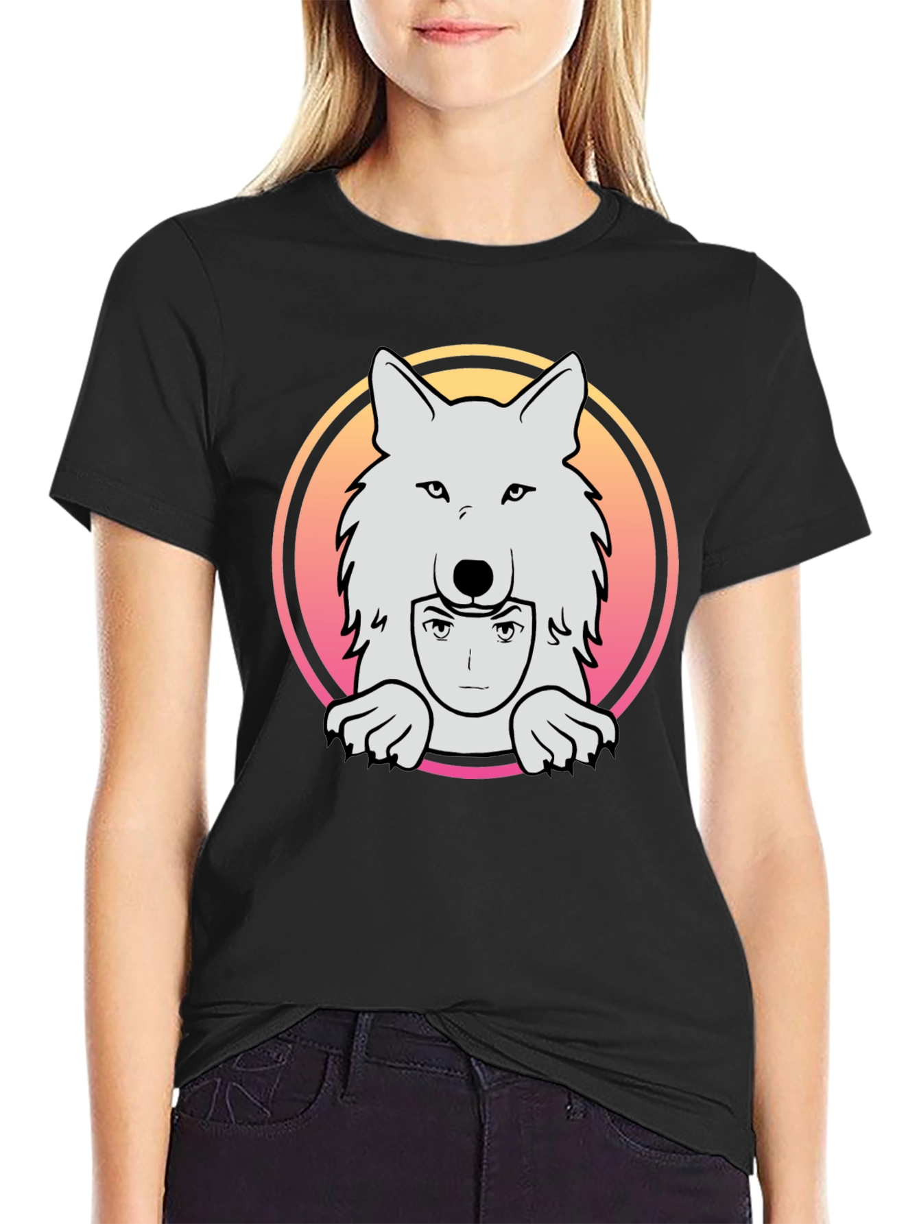 Black Anime Wolf Graphic Tee - Black Cotton T-Shirt view 2