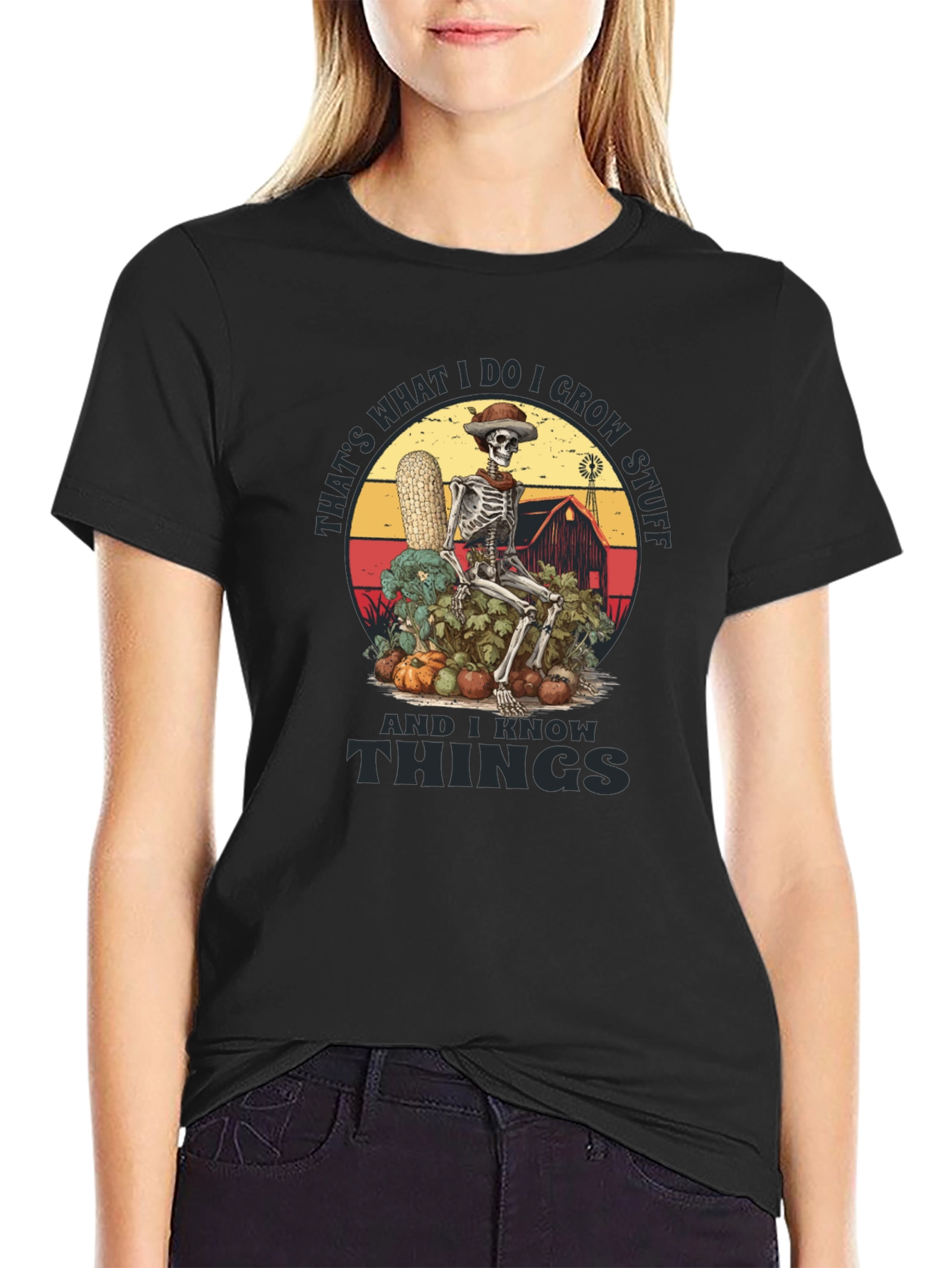 Black Funny Farmer Skeleton T-Shirt - I Grow Stuff & I Know Things Tee view 2