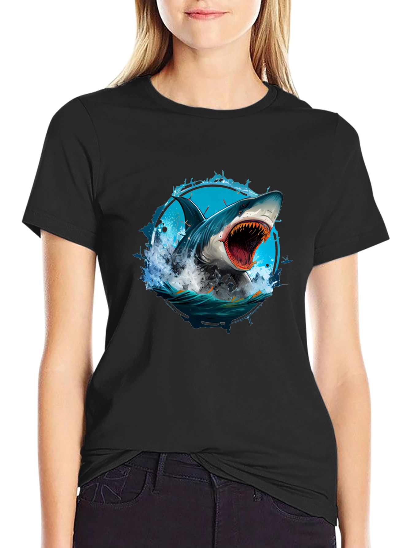 Black Shark Attack Graphic Tee - Black Cotton T-Shirt view 2