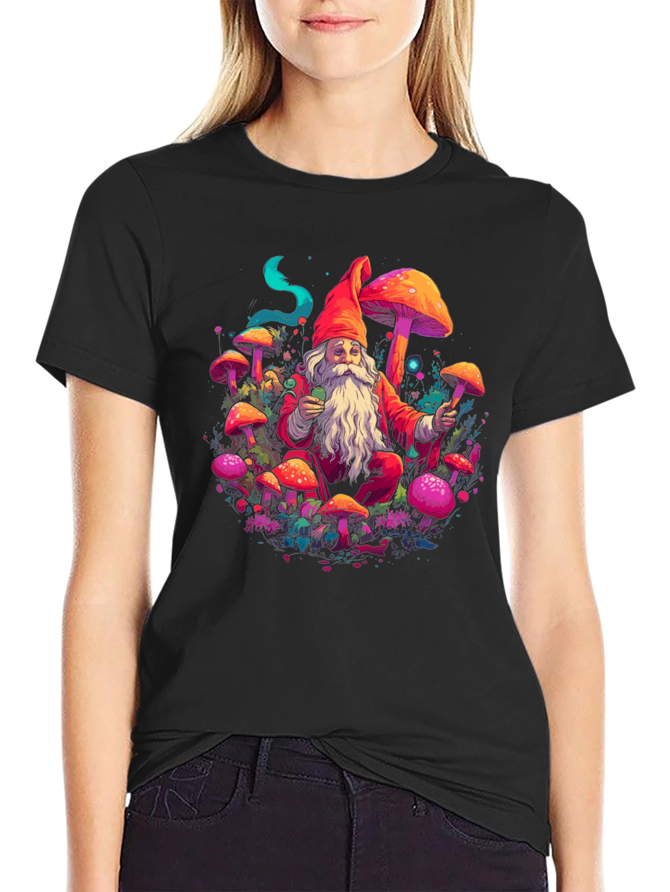 Black Mushroom Gnome Graphic Tee - Funky Design view 2