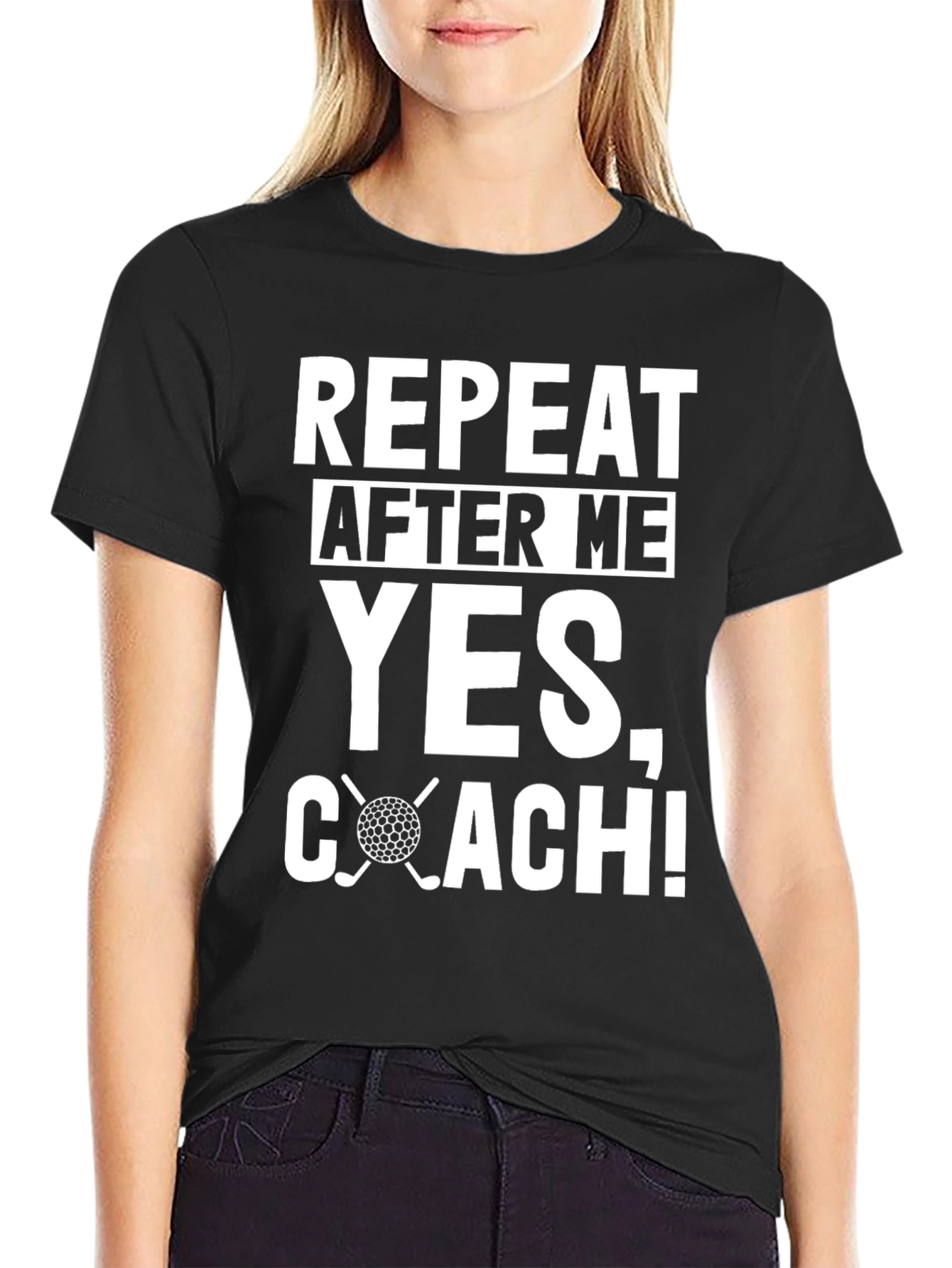 Black Repeat After Me Yes, Coach! Golf T-Shirt view 2