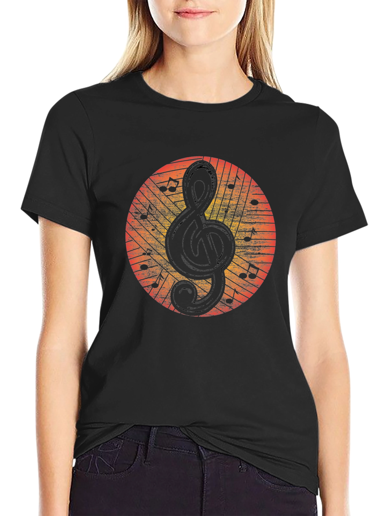 Black Retro Music Note Treble Clef Graphic T-Shirt view 2