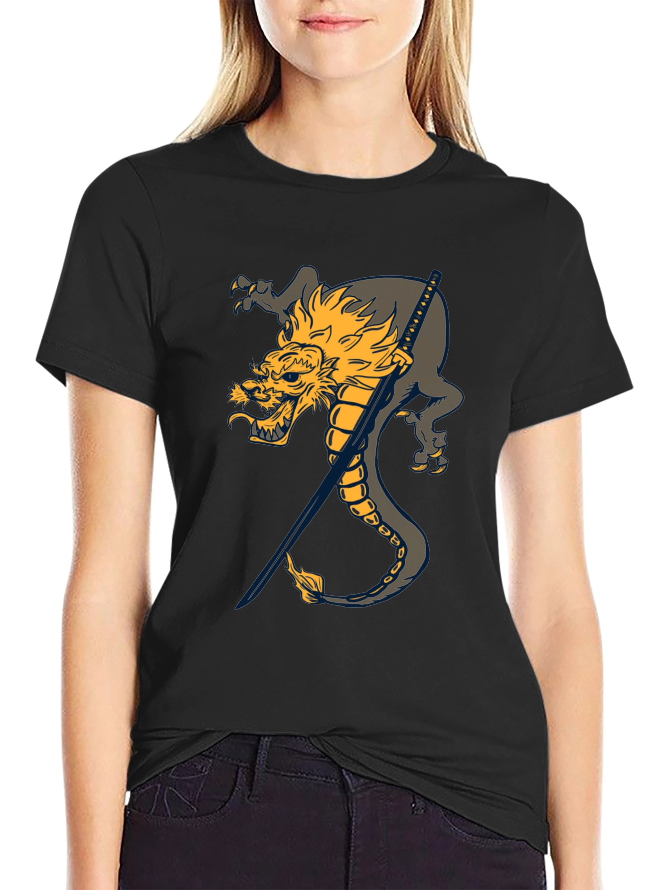 Black Dragon and Katana Black T-Shirt view 2