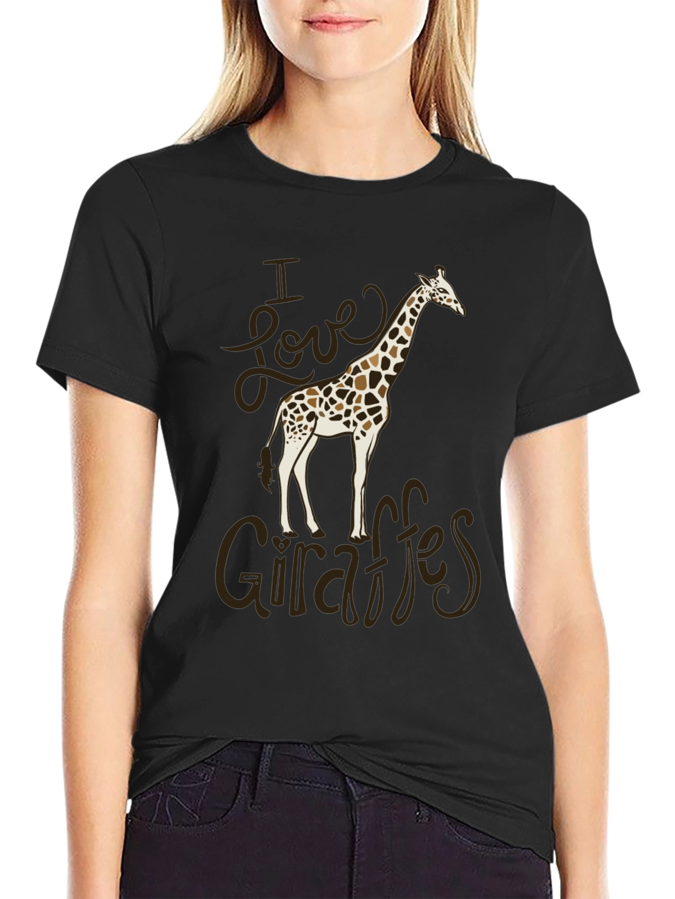 Black I Love Giraffes Black Cotton T-Shirt view 2