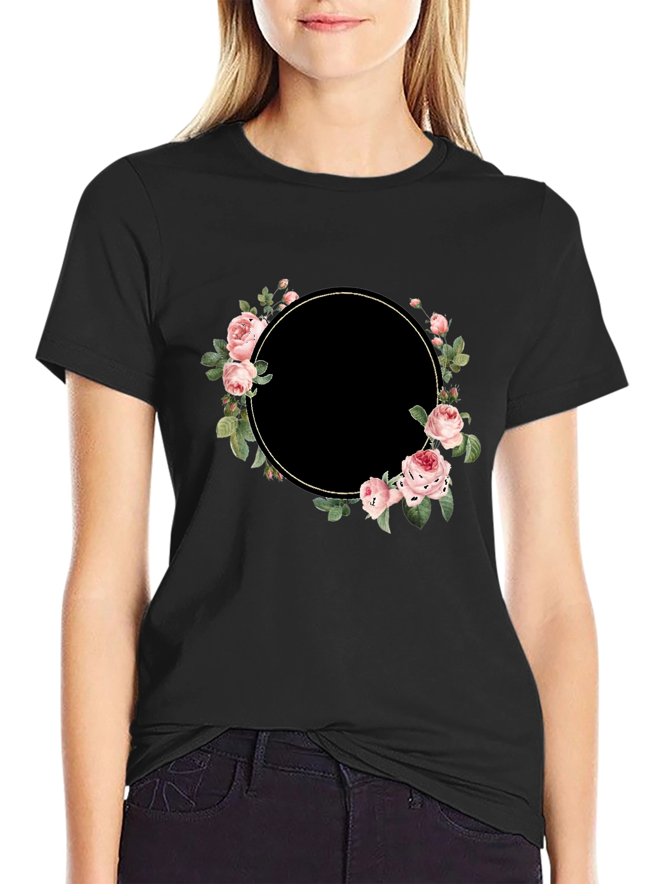Black Floral Wreath Black T-Shirt - Stylish and Unique view 2