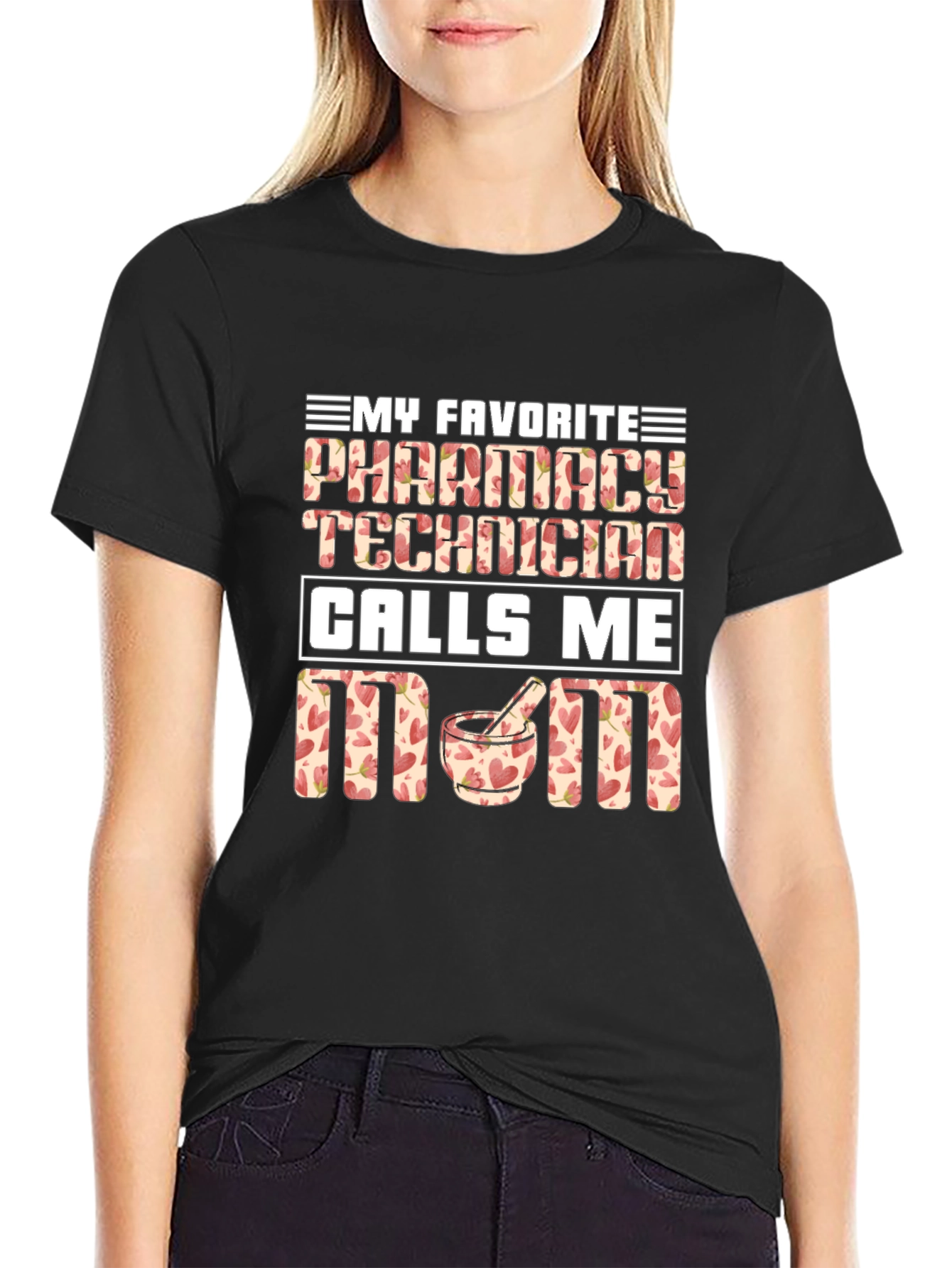 Black Pharmacy Technician Mom T-Shirt - Floral Design view 2