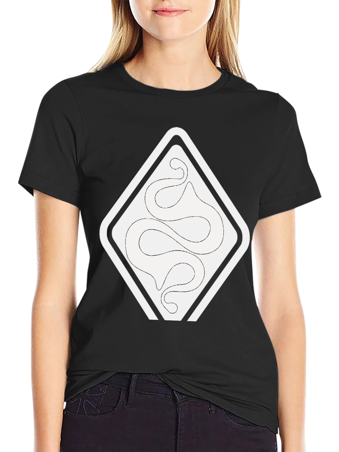 Black Modern Graphic Tee: Abstract Snake Design view 2